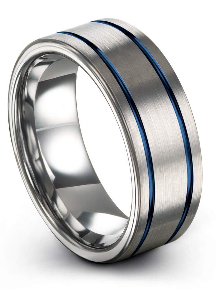 8mm Tungsten Carbide Wedding Band Ring for Men & Women - Blue Black Double Line Flat Cut, Brushed & Polished Finish - Custom Engraved Anniversary & Engagement Ring - Perfect for Weddings, Proposals & Special Occasions