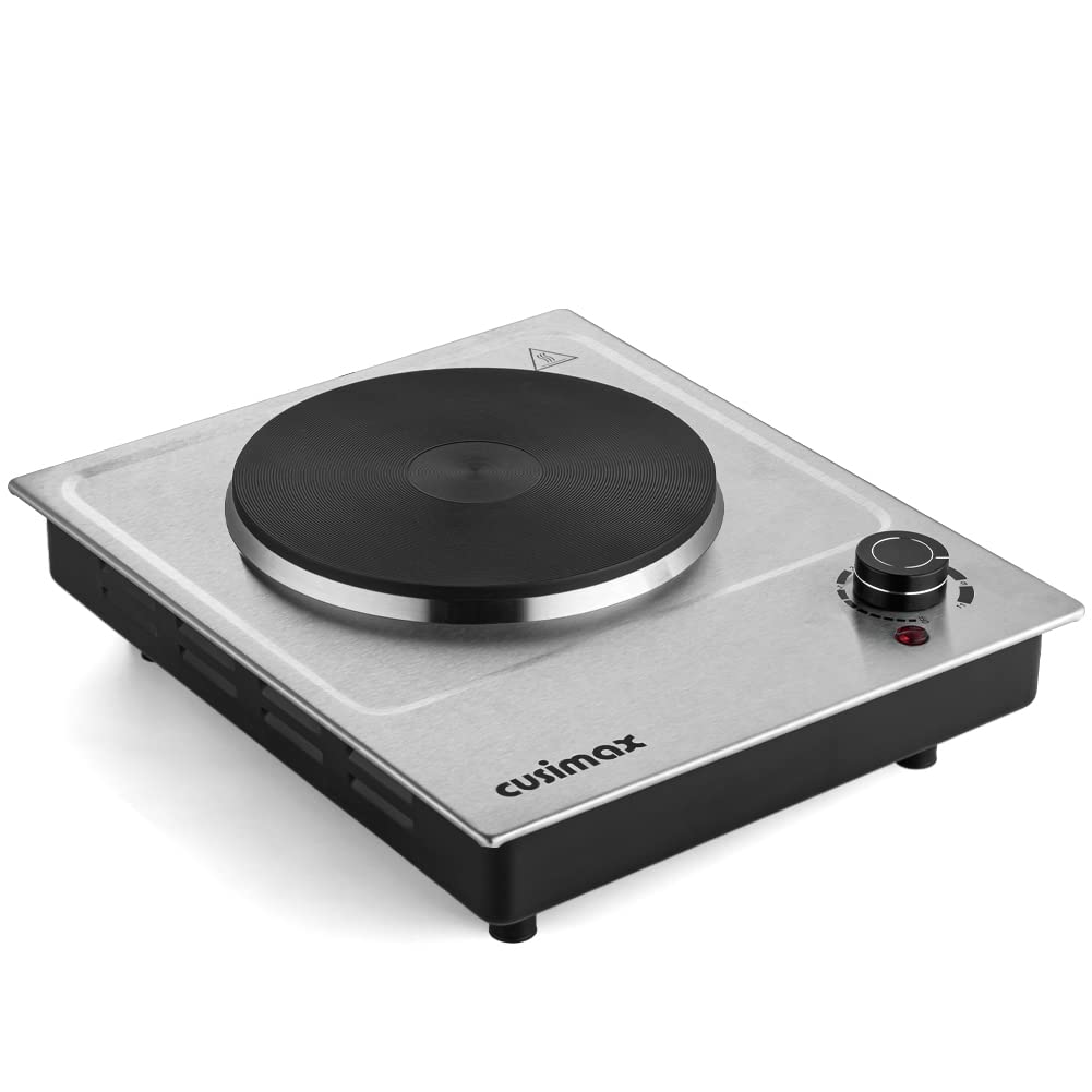 CUSIMAX 1500W Electric Hot Plate - Single Burner Portable Countertop Cooktop with Stainless Steel Surface, Easy to Clean - Perfect for Dorm Rooms, Small Kitchens, Camping & Office Use