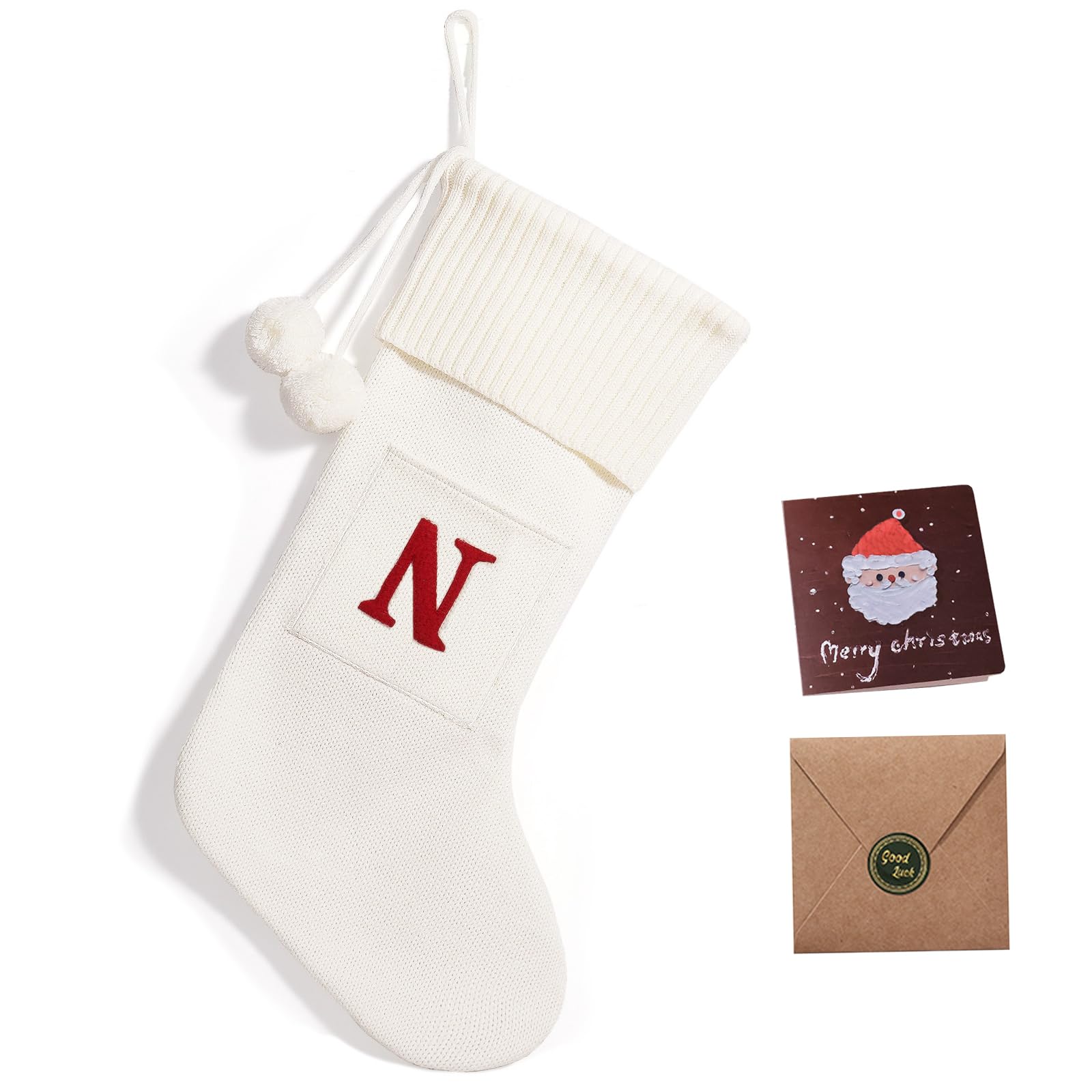 Personalized Knitted Christmas Stockings with Monogram Initials - 16.5 Inch Custom Xmas Stockings for Fireplace Hanging (26 Letters Available) - Perfect for Family Holiday Decorations, Christmas Party Gifts & Cozy Winter Home Decor (White)