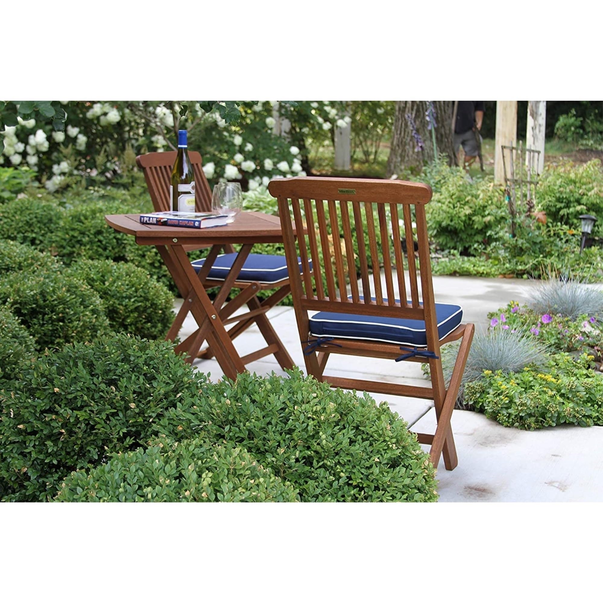 Premium Eucalyptus Wood 3-Piece Foldable Bistro Set - Square Patio Table & 2 Chairs with Blue Cushions - Outdoor Dining Furniture for Garden, Balcony & Backyard