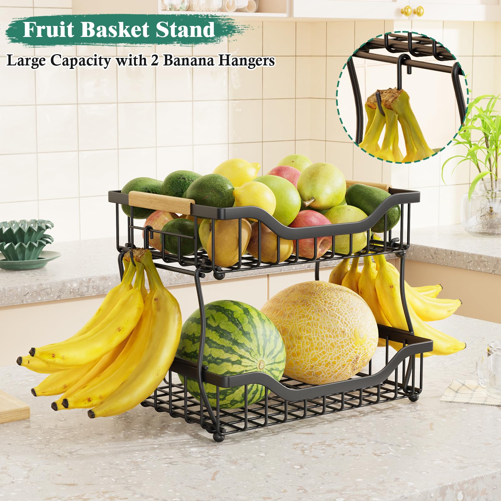 2-Tier Fruit Basket with Banana Hangers - Wall Mount & Countertop Kitchen Organizer for Fruits, Vegetables, Potatoes, Onions, Bread & Snacks | Space-Saving Storage Solution for Small Kitchens & Pantries