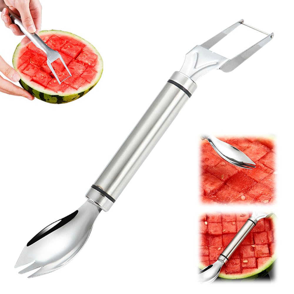 2024 New 2-in-1 Stainless Steel Fruit Cutter - Dual Head Watermelon Slicer & Fork - Kitchen Tool for Home, Camping & Picnics - Perfect for Summer Fruits Like Melons, Pineapples & Mangoes (Silver)