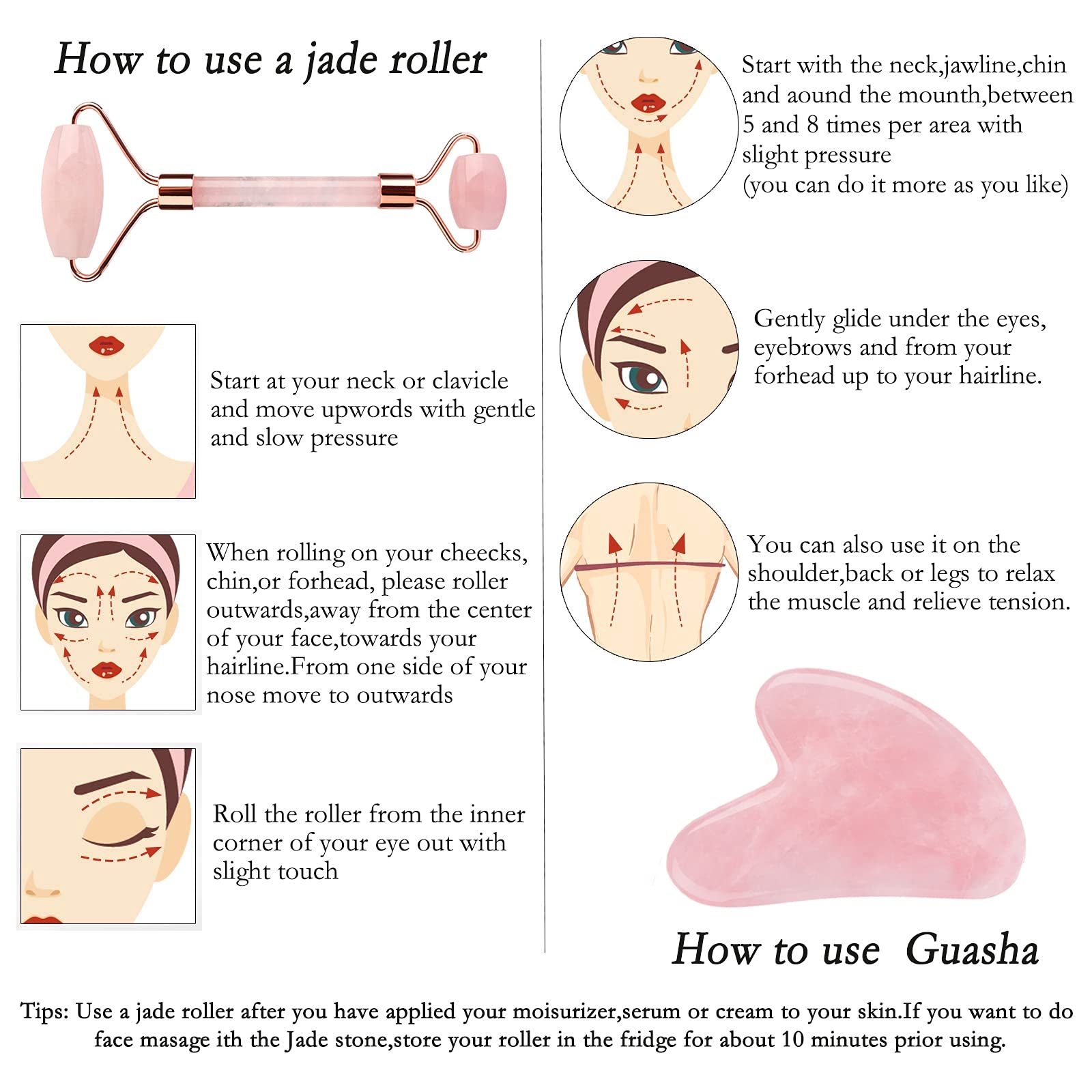 Natural Rose Quartz Jade Roller & Gua Sha Set - Facial Massage Tools for Skin Care, Anti-Aging & Lymphatic Drainage - Pink Beauty Roller for Face & Neck (Perfect for Daily Skincare Routine & Relaxation)