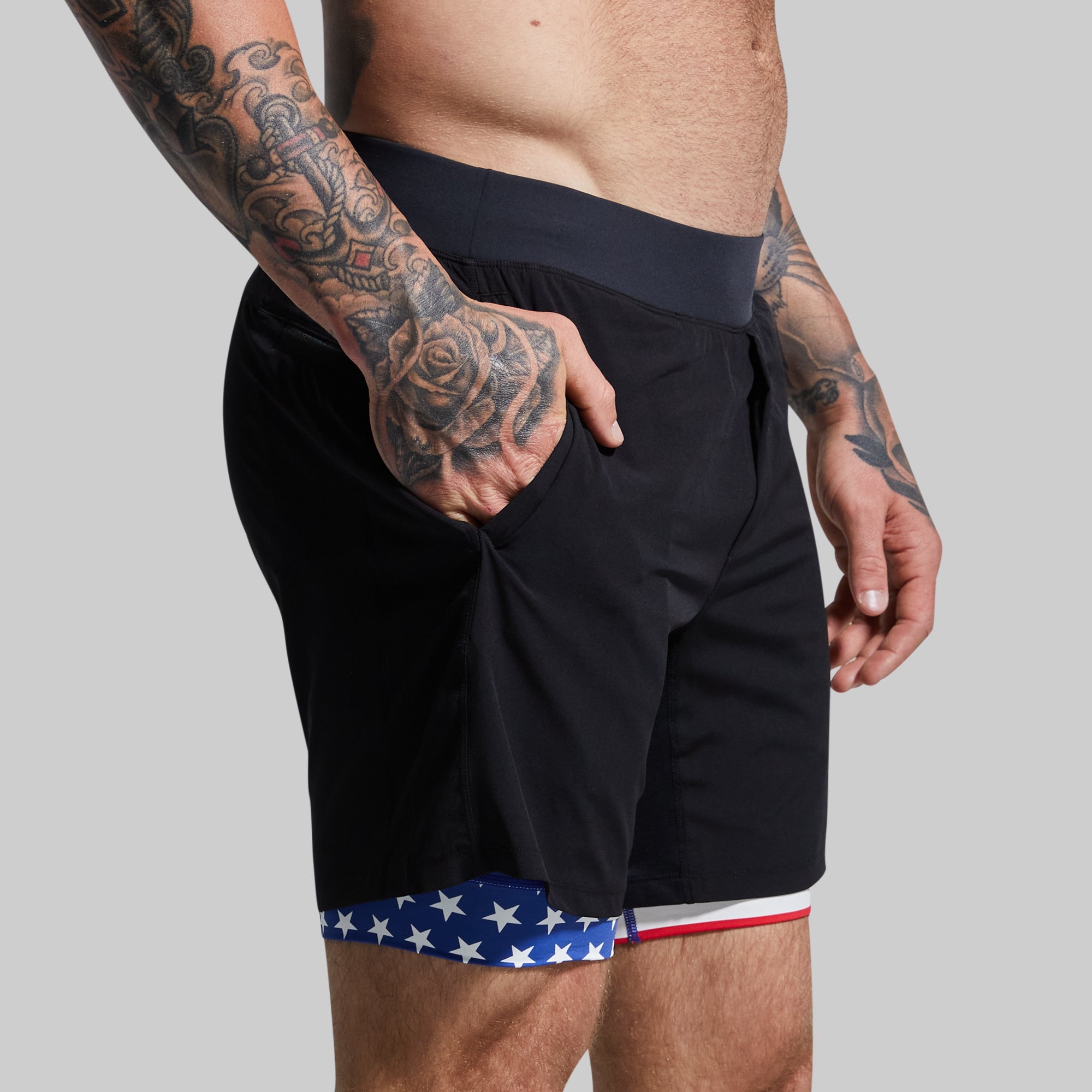 Versatile 7-Inch Compression Shorts for Men - Breathable & Moisture-Wicking Workout Shorts (Black Liberty) - Ideal for Running, Gym Training & Outdoor Sports
