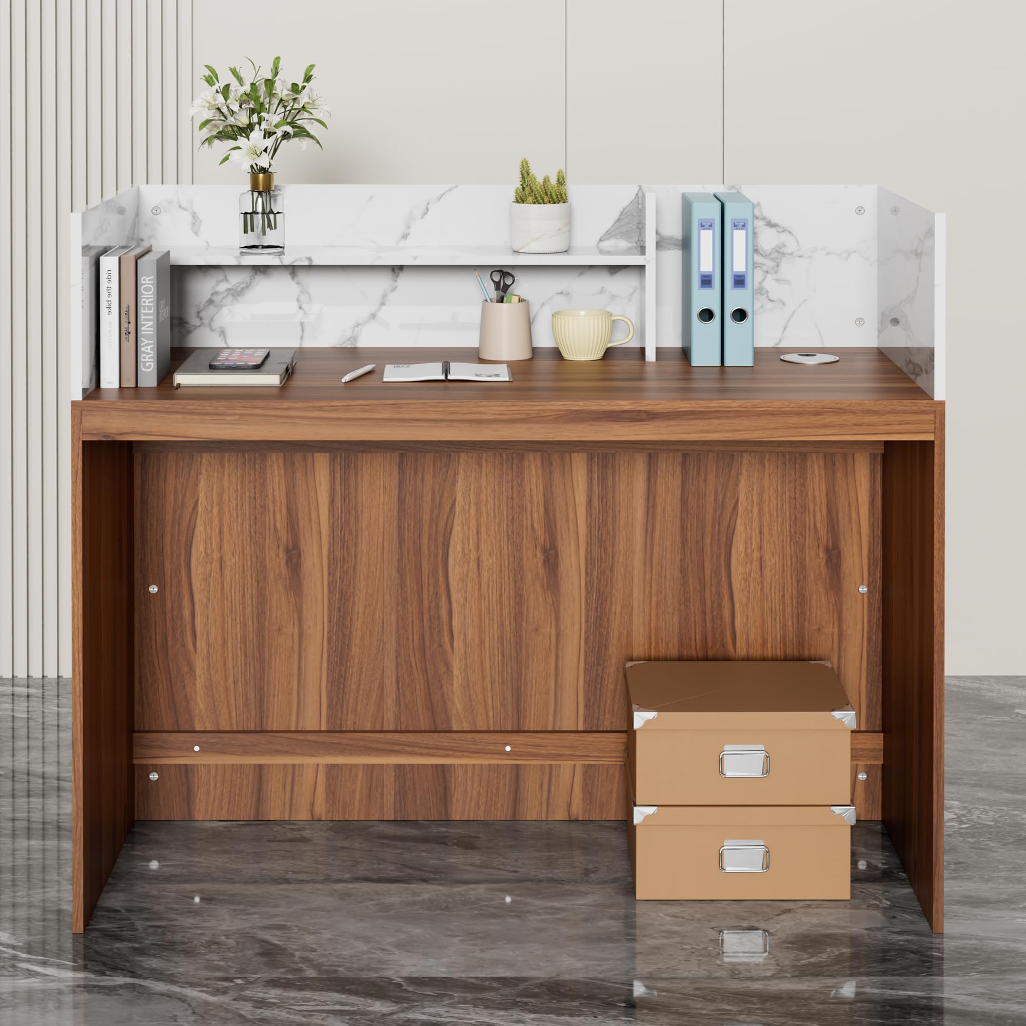 Modern Reception Desk with Counter - Marble Top Front Desk with LED Lights & Cable Grommet for Office, Beauty Salon, Hotel Lobby | Durable Checkout Counter for Retail Stores & Home Office Workspace