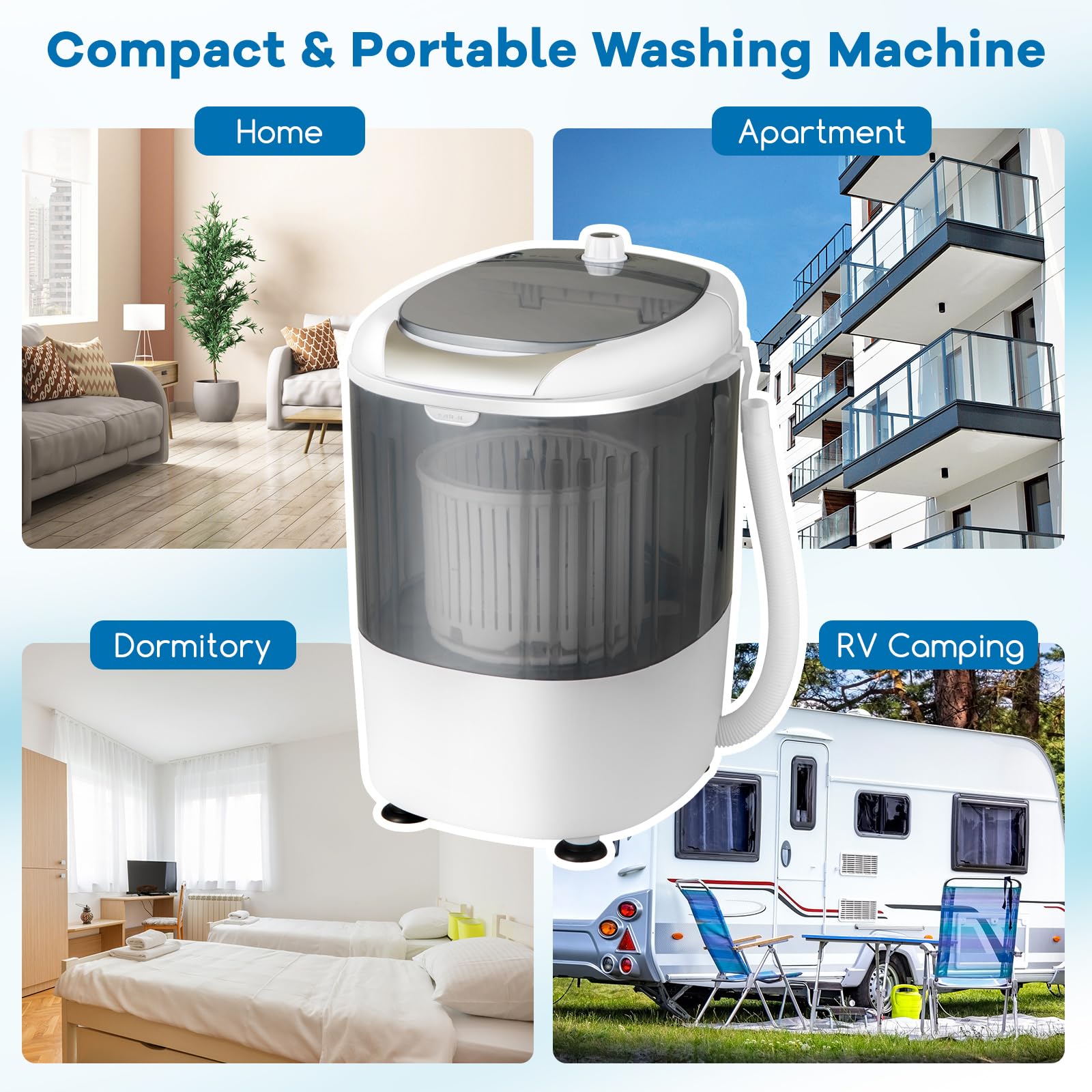 COSTWAY 5.5 lbs Mini Portable Washing Machine | Compact Single Tub Laundry Washer with Rotary Control | Perfect for Apartments, Dorms, RVs & Small Spaces | Grey | Ideal for Travel, Camping & Limited Living Areas
