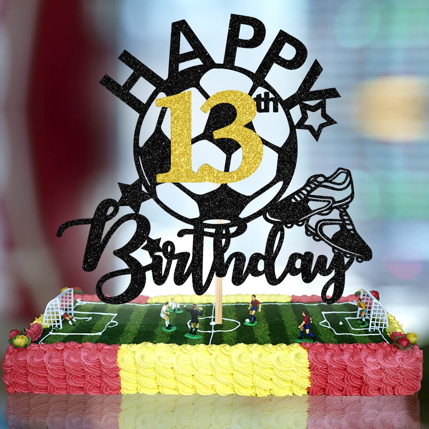 Glitter Soccer Happy 13th Birthday Cake Topper - Soccer Player & Football Theme Party Decorations for Boys & Girls - Perfect for Birthday Cakes, Cupcakes, and Dessert Tables at Sports-Themed Celebrations