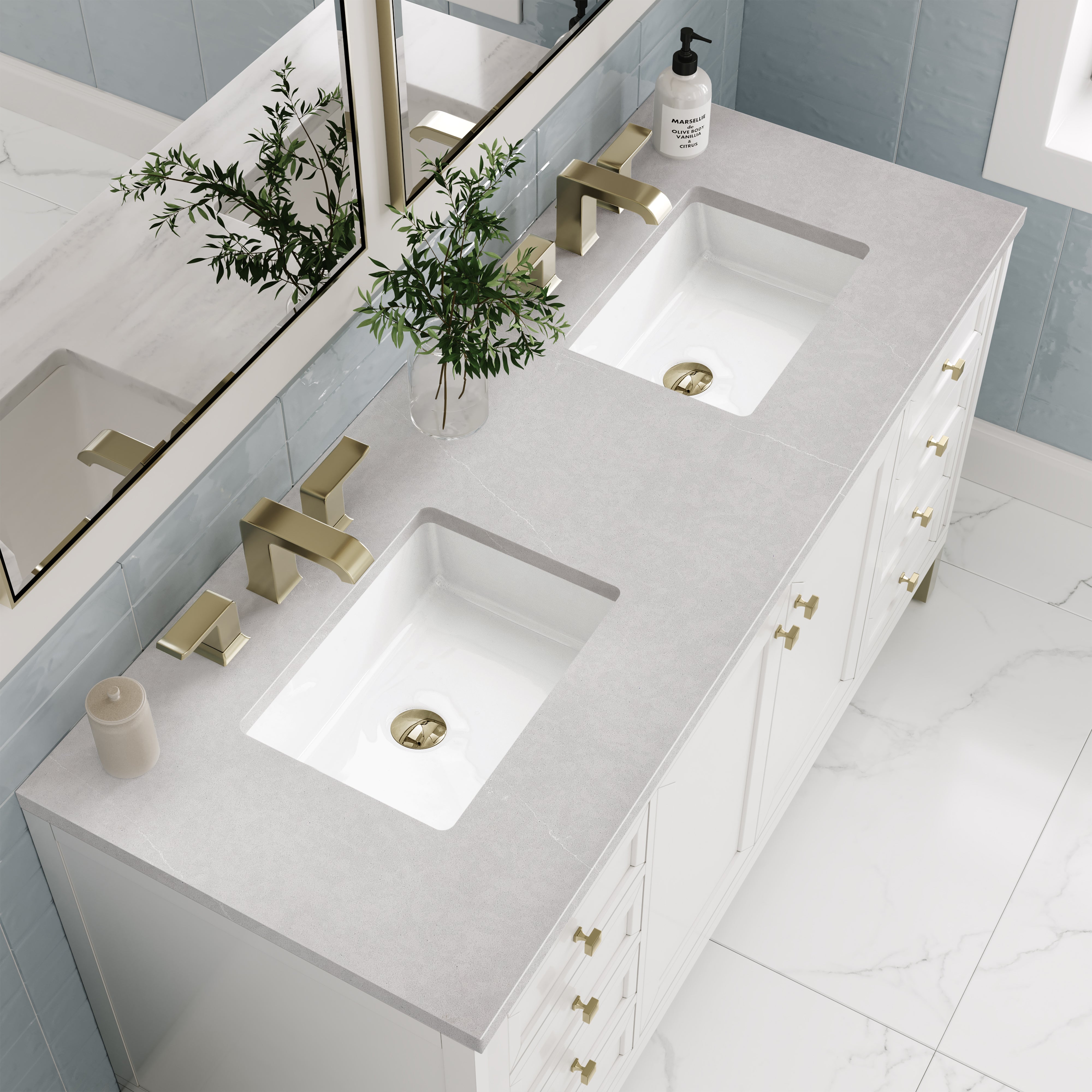 Chicago 60 Inch Double Bathroom Vanity with Glossy White Finish & 3CM Eternal Serena Quartz Countertop - Perfect for Modern Master Bathrooms and Luxury Home Renovations