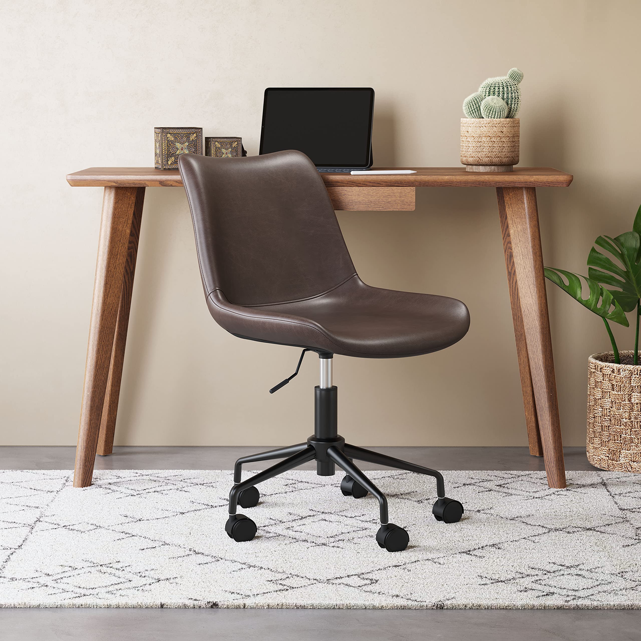 Zuo Byron Ergonomic Office Chair - Adjustable Height & Lumbar Support, Brown Leather Executive Chair for Home & Office Workspace, Comfortable Desk Chair for Long Hours Sitting