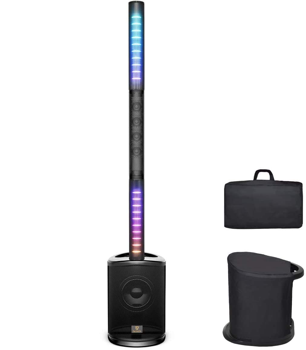 AKUSTIK 8-Inch Portable Line Array Column Speaker with LED Lights, Active Subwoofer & 4 Tweeters - Bluetooth/USB/SD, 4-Channel Mixer, Remote Control - Perfect for DJ Gigs, Outdoor Parties, PA Events & Live Performances