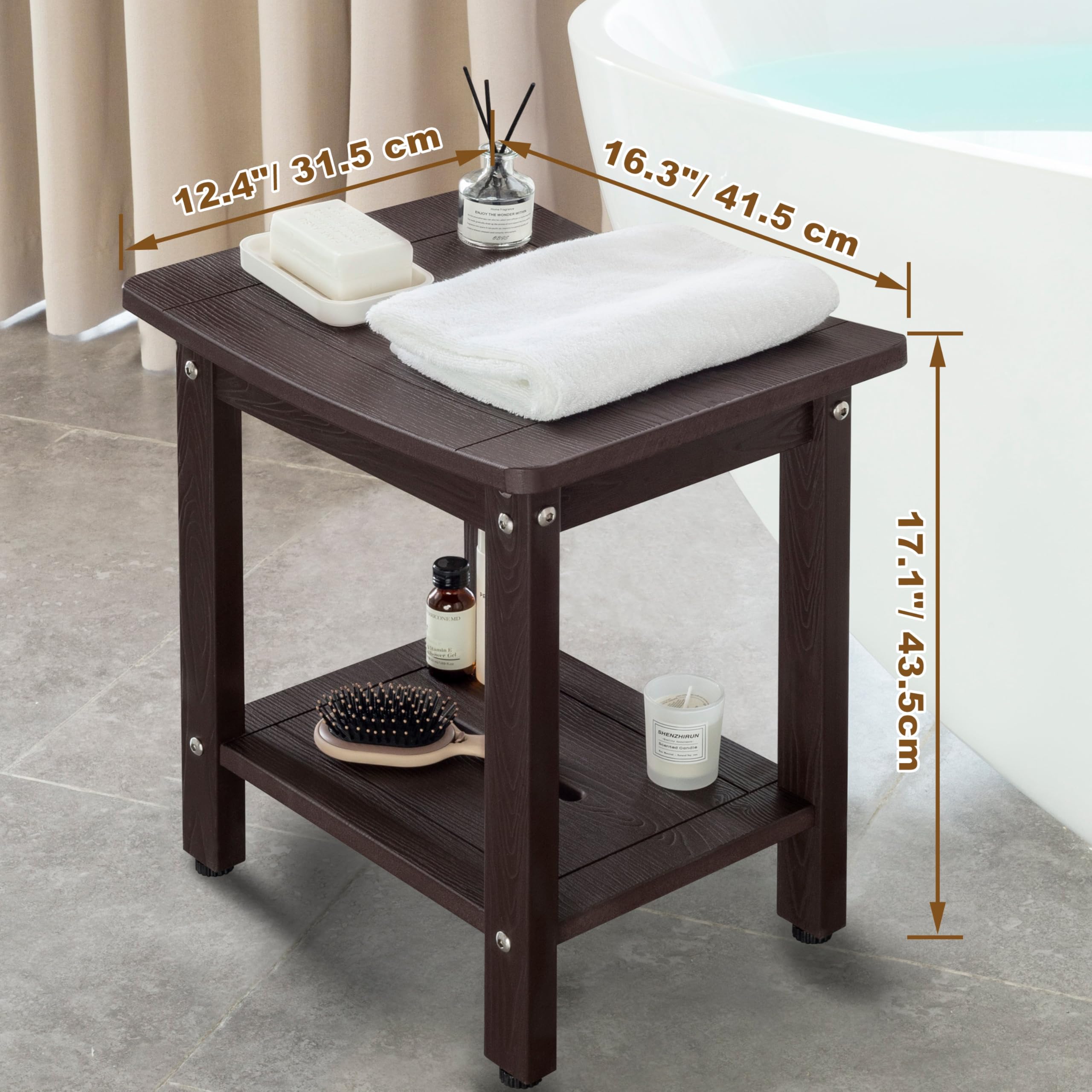 Y&M Shower Bench for Elderly & Disabled - Waterproof HDPE Shower Seat with Storage Shelf - Indoor & Outdoor Bathroom Shower Chair for Sitting & Resting - Espresso - Perfect for Seniors, Post-Surgery Recovery & Spa Relaxation
