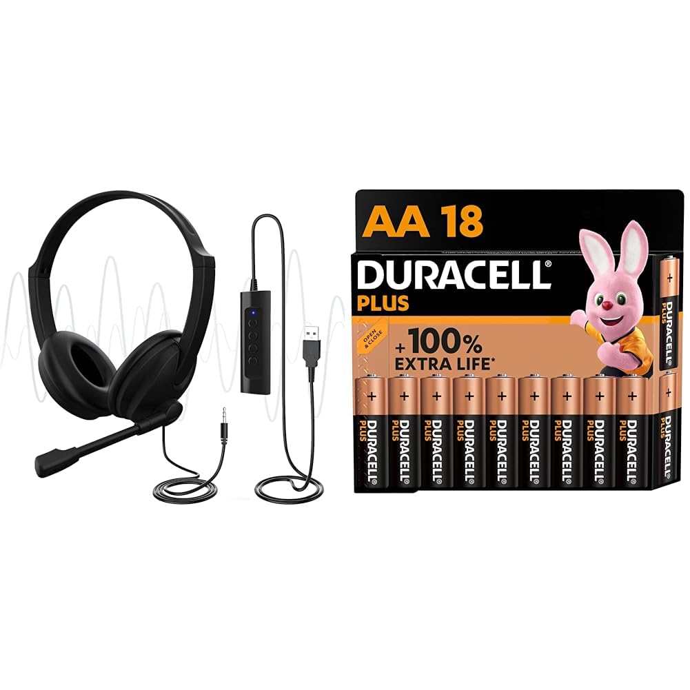 Premium USB Computer Headset with Noise Cancelling Microphone - Adjustable Office Headphones for PC, Laptop, Call Center & Online Meetings | Includes 18-Pack Duracell Plus AA Alkaline Batteries (1.5V, 100% Extra Life) - Perfect for Remote Work, Gaming & Conference Calls