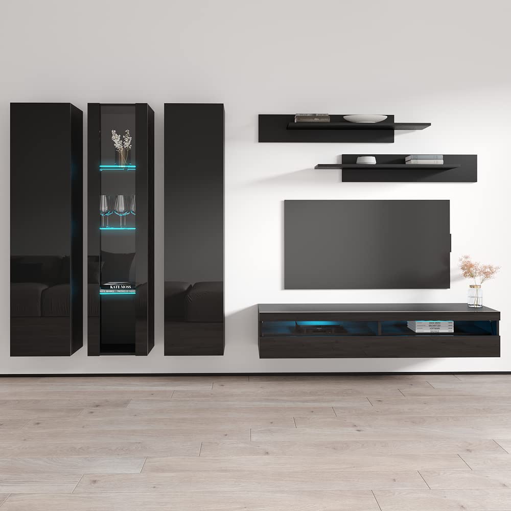 Modern Wall-Mounted TV Stand with Storage Shelves & LED Lights - 35