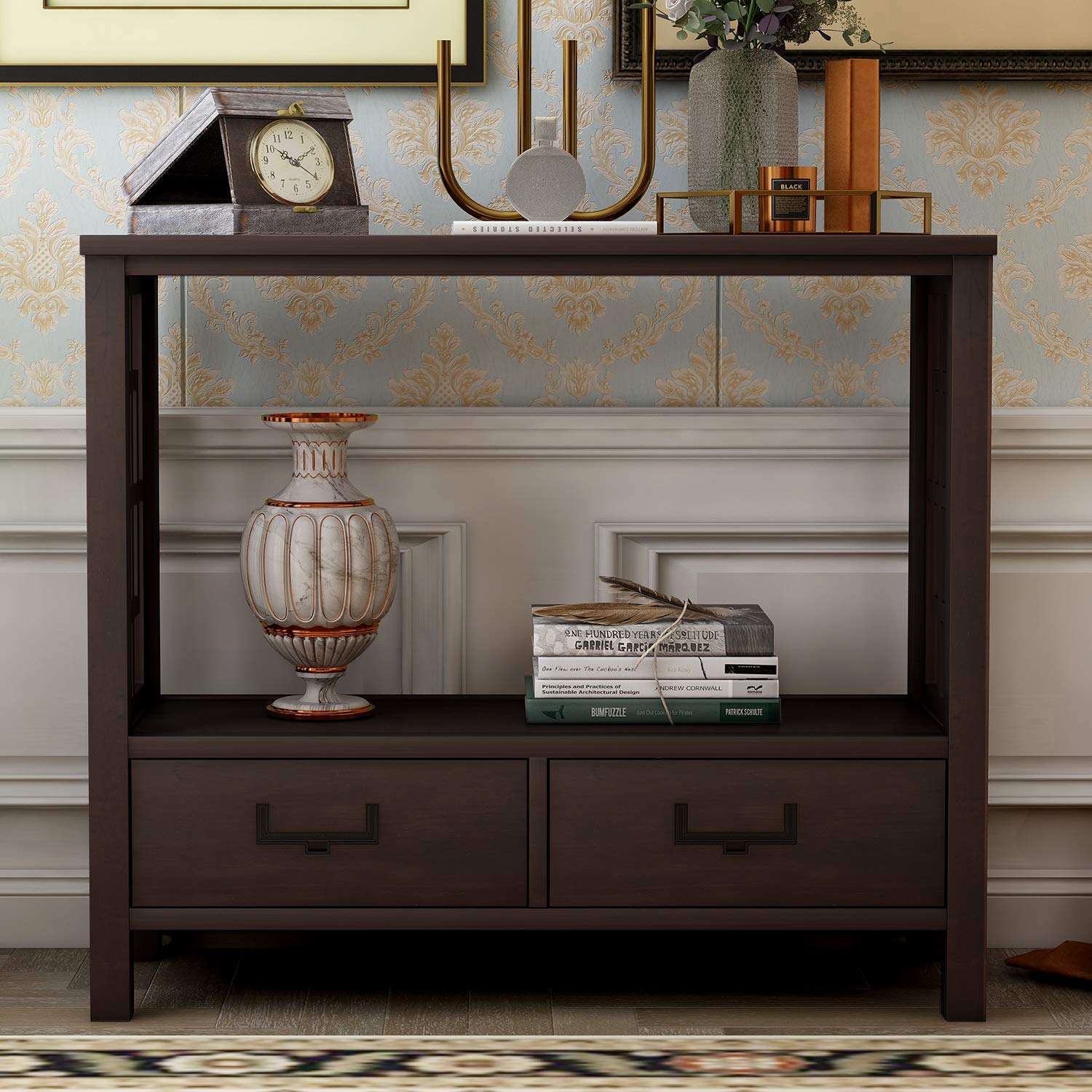 Farmhouse Narrow Console Sofa Table with Two Bottom Drawers - Entryway & Hallway Accent Table with Metal Handles in Espresso Finish | Perfect for Small Spaces, Living Room Decor & Foyer Organization