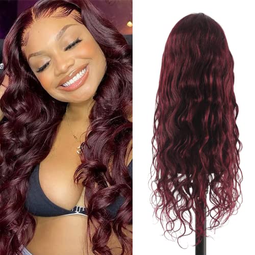 Brazilian 13×4 Lace Front Human Hair Wigs for Black Women - 16 Inch Burgundy Body Wave Pre-Plucked Hairline with Baby Hair | Natural Look for Daily Wear, Parties & Special Occasions