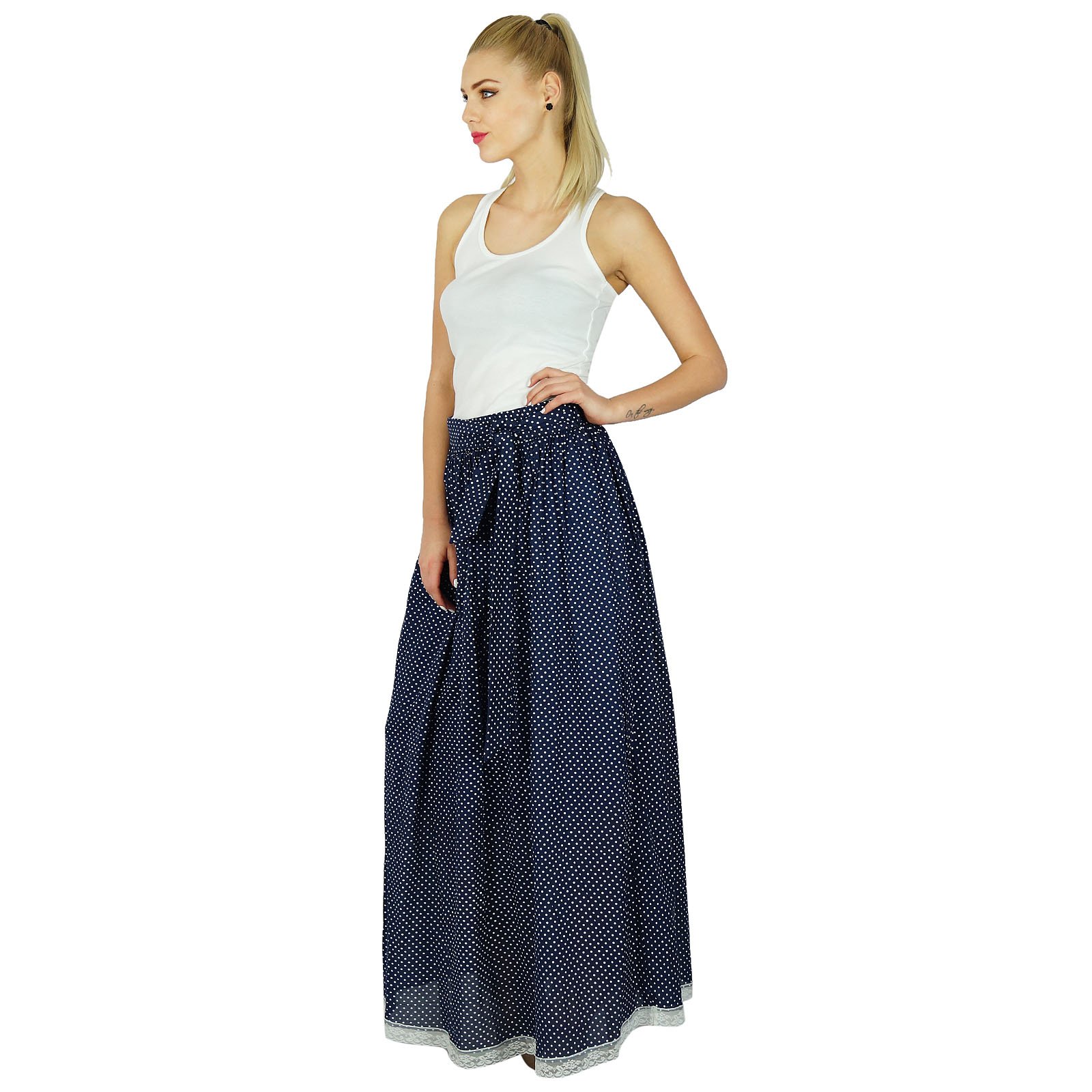 Bimba Women's Long Flared Cotton Tulip Maxi Skirt with Lace Trim - Boho Gypsy Style Blue Midi Dress for Beach, Vacation & Summer Outfits
