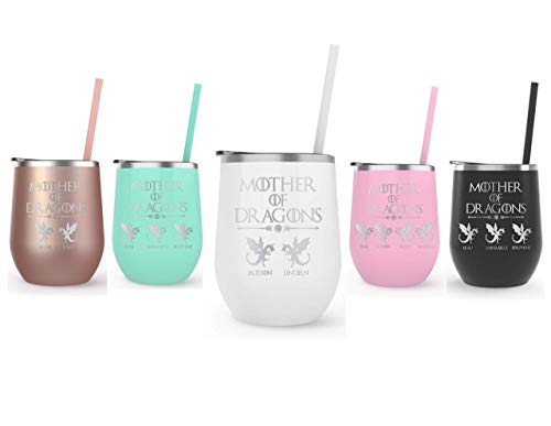 Mother of Dragons Laser Engraved Wine Tumbler - 20oz Stainless Steel Insulated Cup with Lid - Unique Mothers Day Gift for Mom, Wife, Grandma - Perfect for Wine, Cocktails & Outdoor Adventures