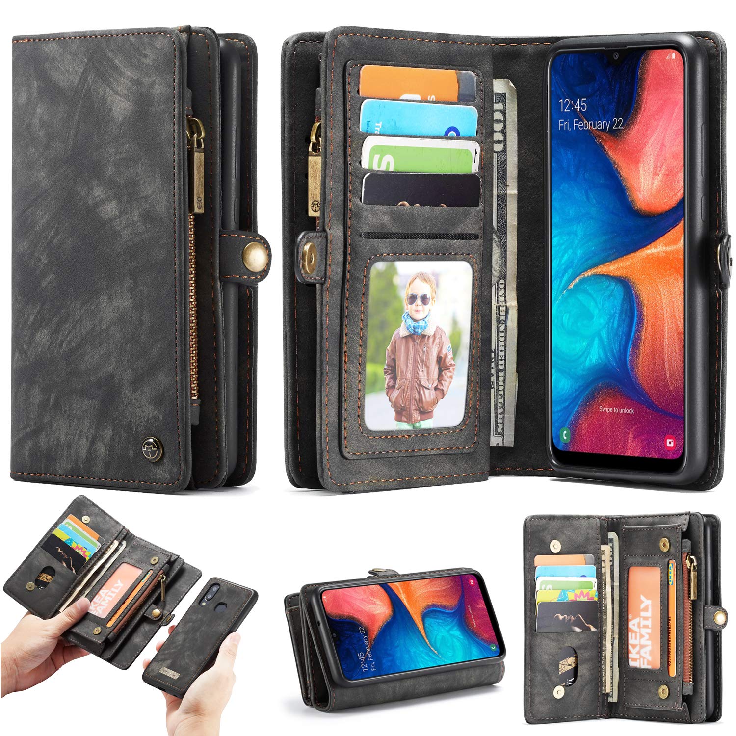 Samsung Galaxy A20 A30 Leather Wallet Case with Zipper Purse, Detachable Card Slots, Magnetic Wrist Strap & Shockproof Cover - Perfect for Daily Use, Travel & Business (Black, A20)