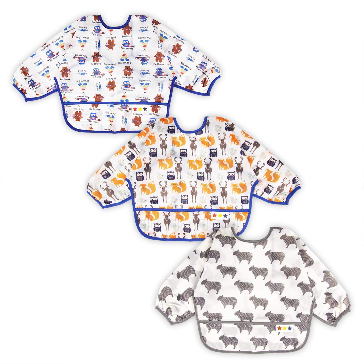3 Pack Long Sleeve Baby Bibs with Sleeves & Crumb Catcher Pocket - Waterproof Toddler Feeding Bib Set for Messy Eaters - Perfect for Baby-Led Weaning, Solid Food Feeding & Meal Times