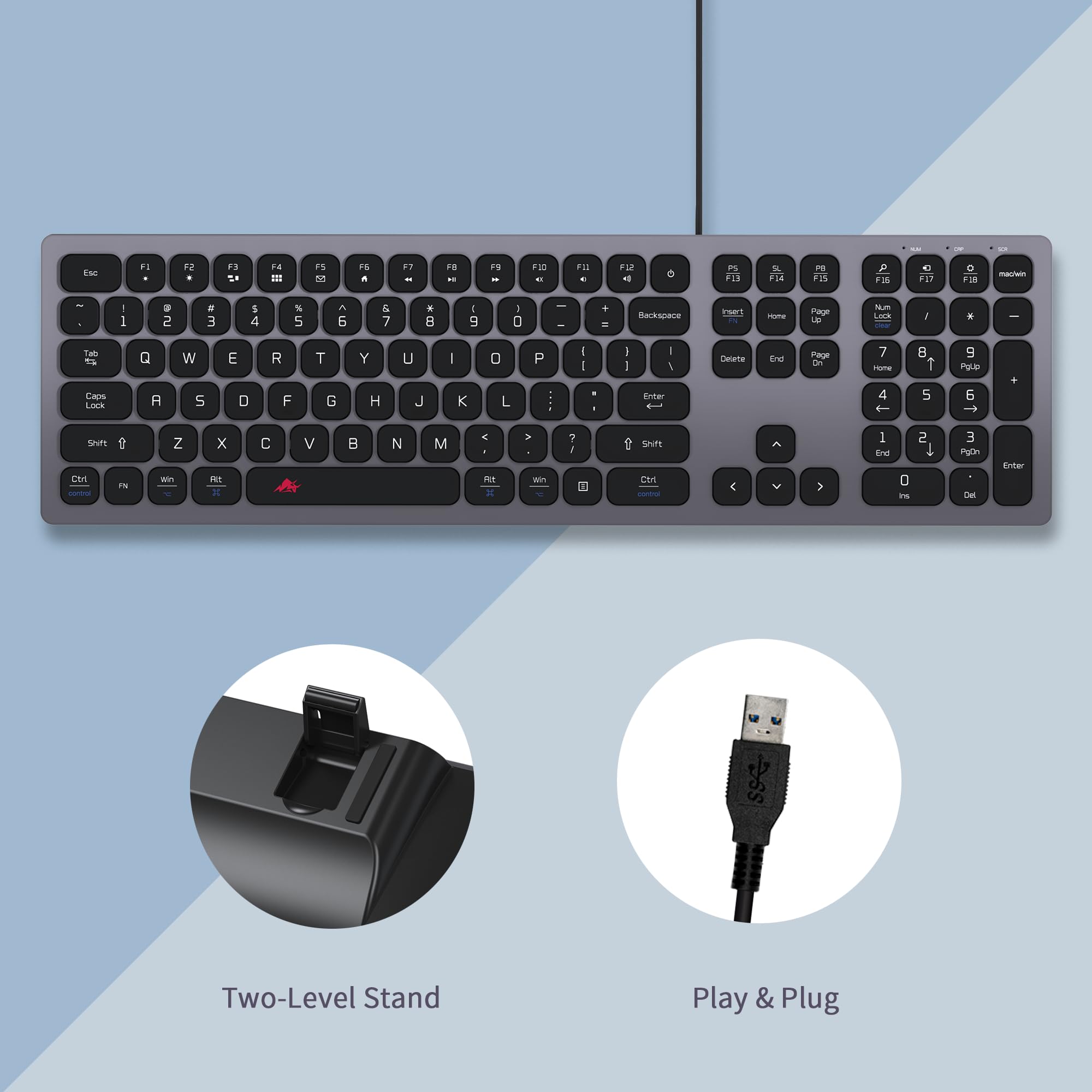 Slim USB Keyboard for Mac & Windows - Space Gray | Office & Gaming Use