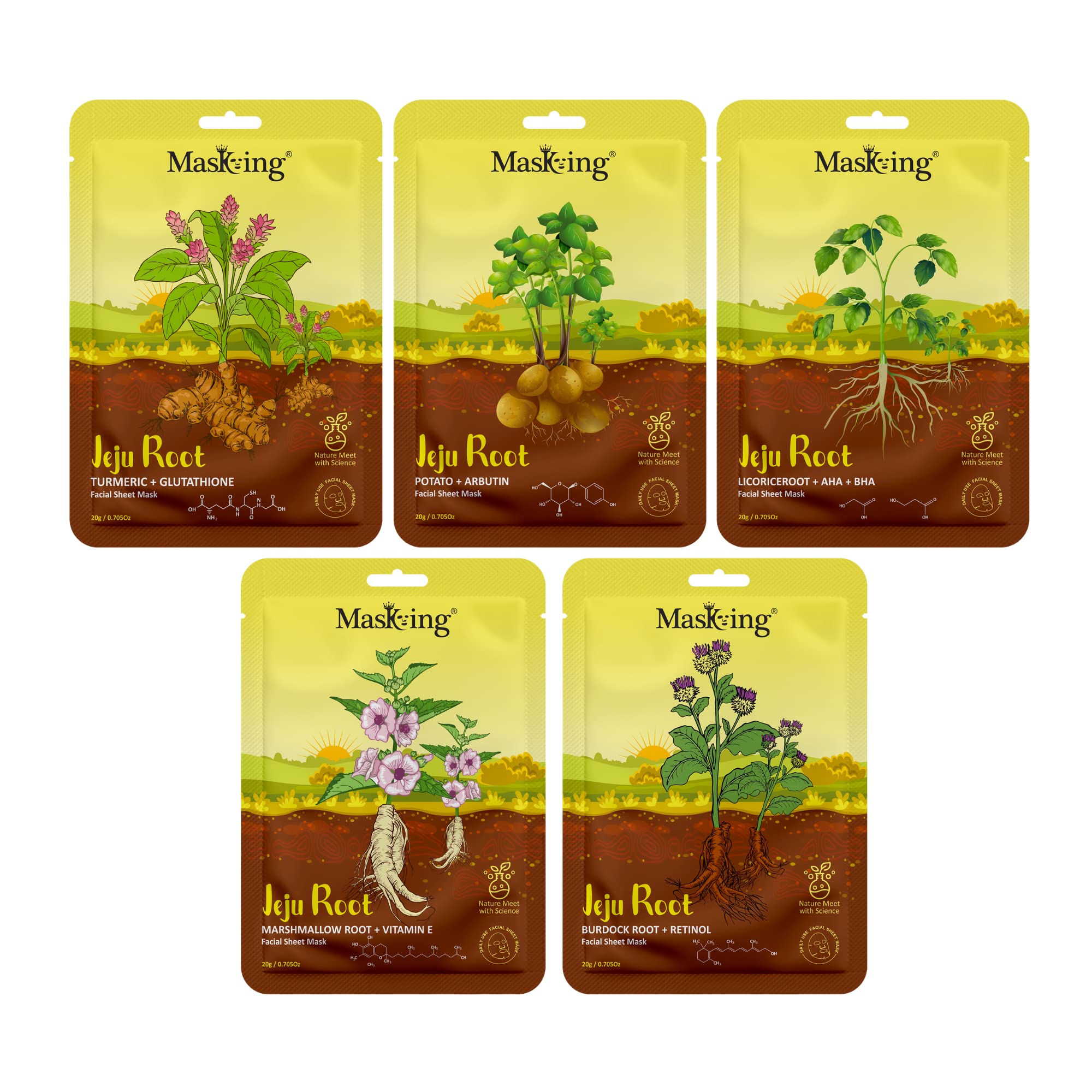 Jeju Root Face Mask for Skin Regeneration & Firming - Hydrating Sheet Mask for Men & Women (Pack of 5) | Korean Skincare for Anti-Aging & Glowing Skin at Home or Spa