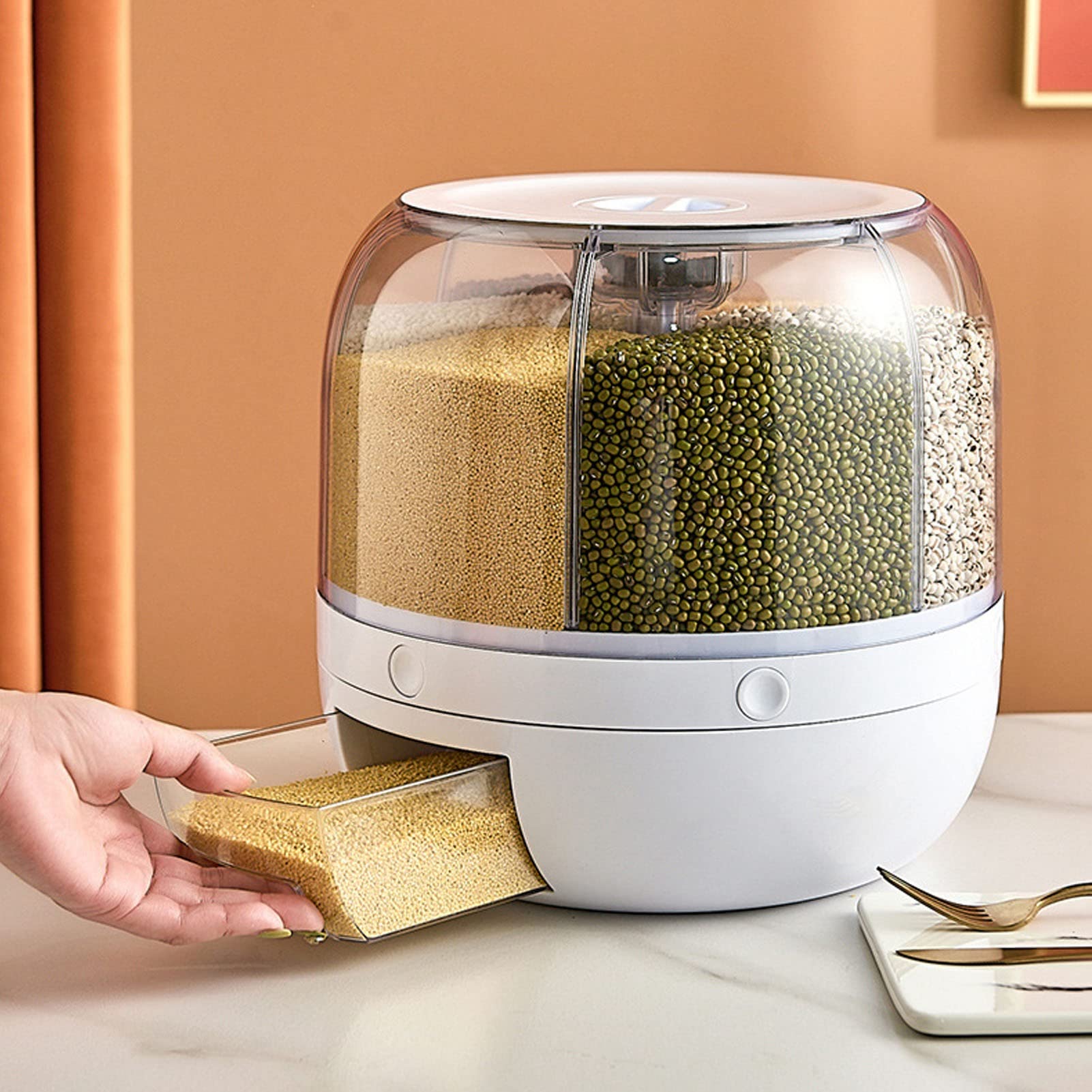 360° Rotating 6-Grid Rice & Grain Storage Container with Lid - 5kg Airtight Dry Food Dispenser for Kitchen, Pantry Organization - Perfect for Storing Rice, Flour, Cereal & Bulk Foods