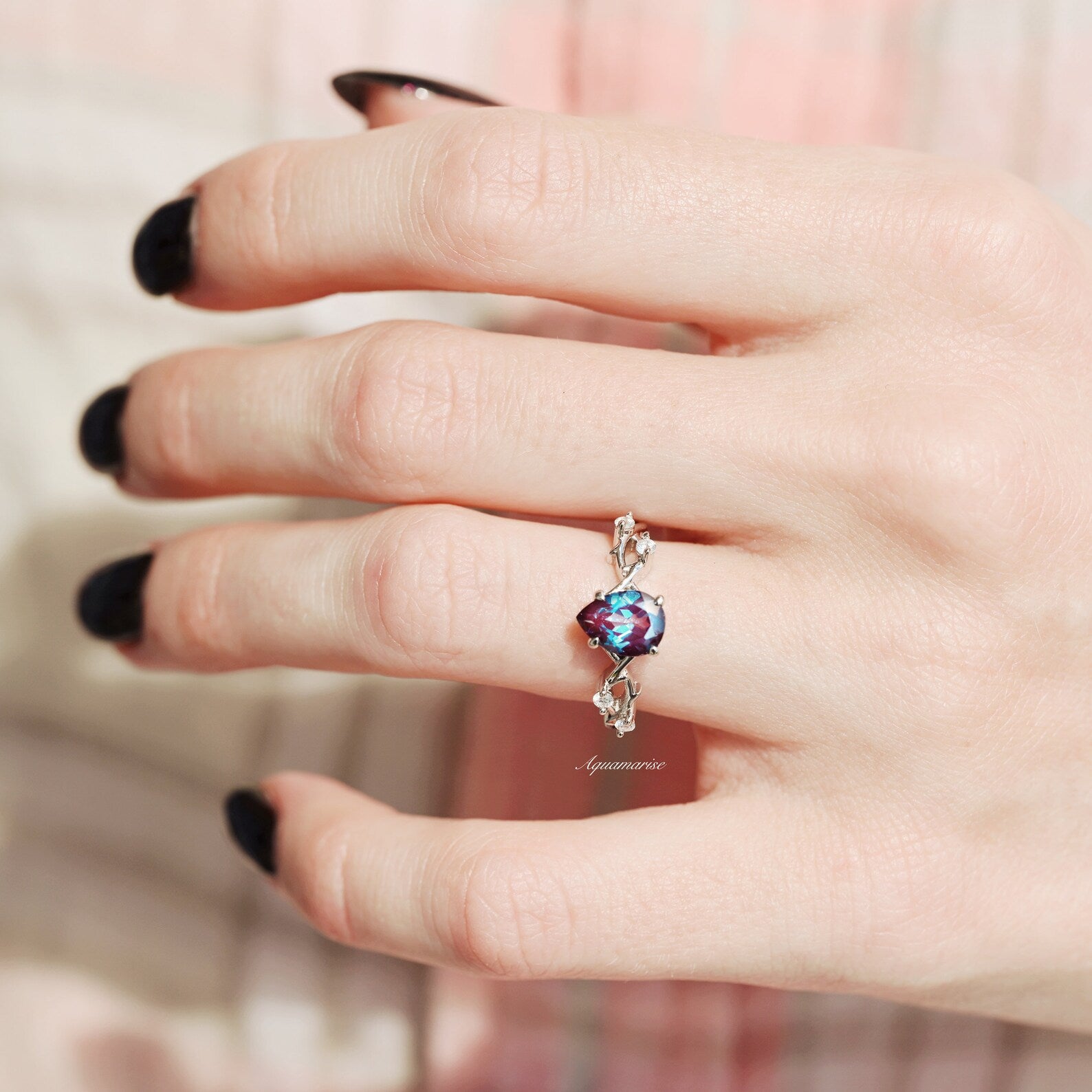 14K White Gold Alexandrite Leaf Ring – Elegant Twisted Vine Design for Women, Perfect for Weddings, Anniversaries & Special Occasions