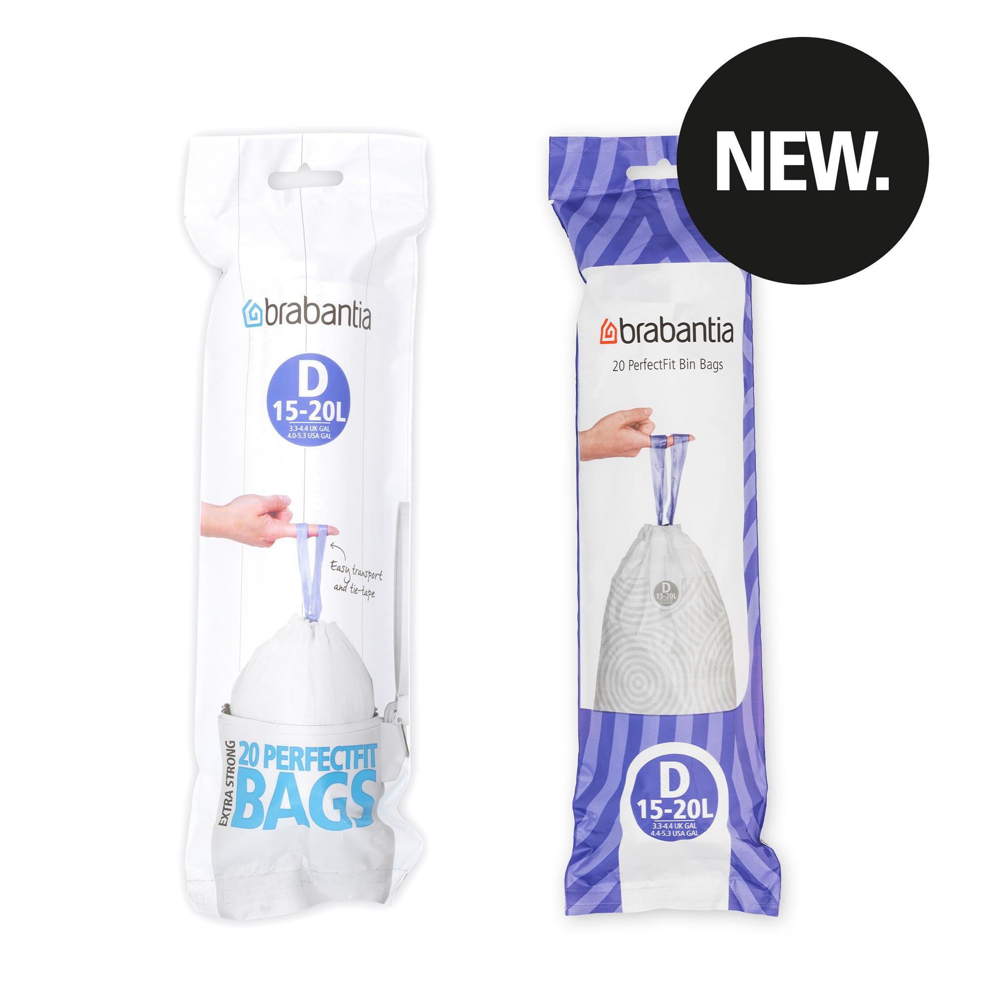 Brabantia PerfectFit Drawstring Trash Bags - 20 Count, 4-5.3 Gallon (Size D) - Thick Plastic Trash Can Liners for Kitchen, Bathroom & Office Waste Disposal