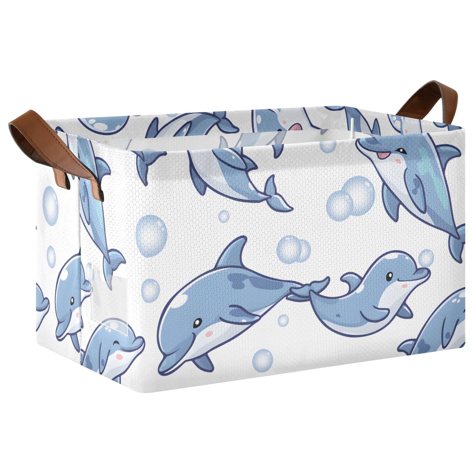 Dolphin Blue Foldable Storage Baskets - 2 Pack Rectangular Canvas Fabric Storage Bins with Handles for Shelves | Sea Animal Themed Decorative Organizer for Bedroom, Bathroom & Kids Room