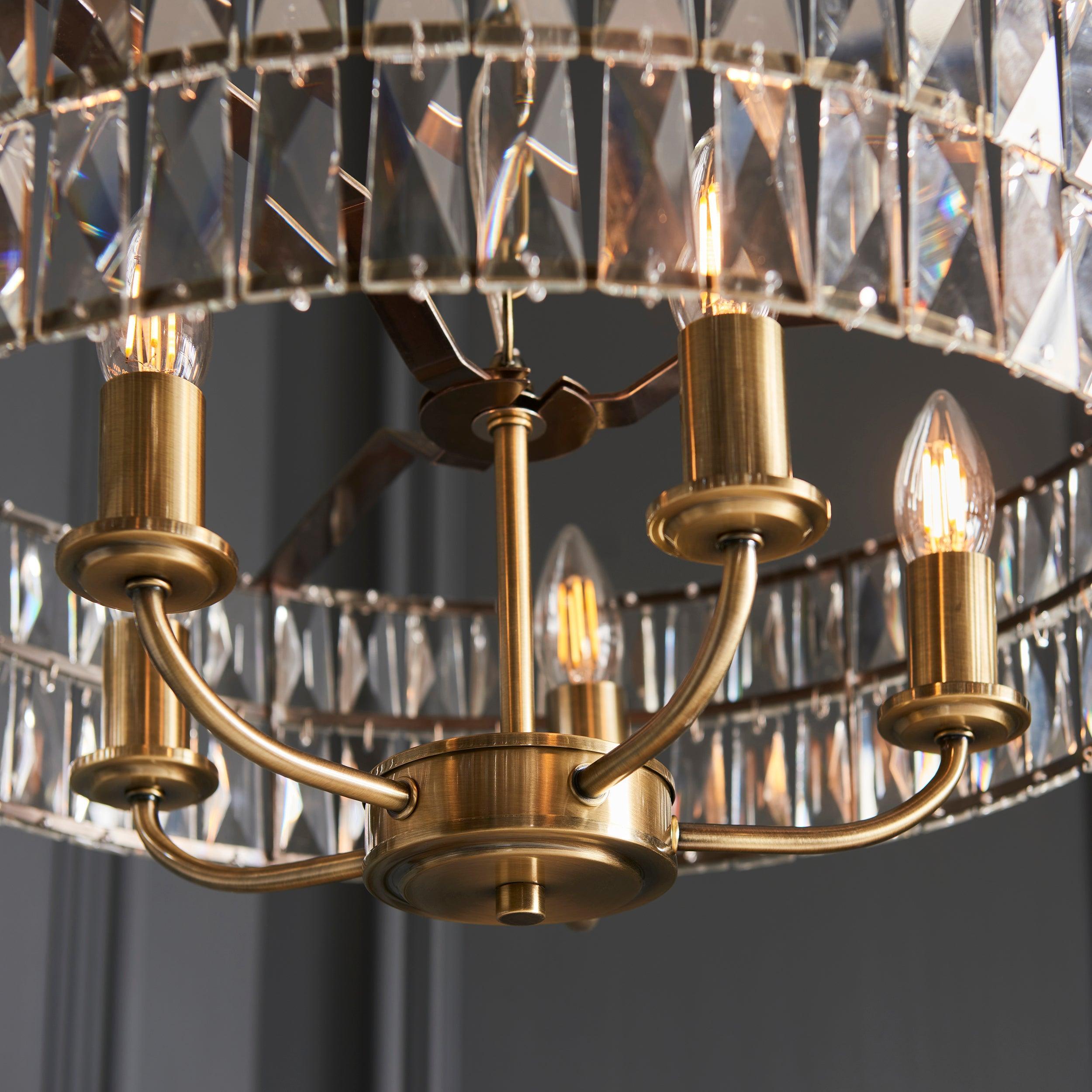 Clifton 5-Light Brass Chandelier with Clear Cut Glass Pendant - Elegant Dining Room Lighting for Kitchen Island or Entryway