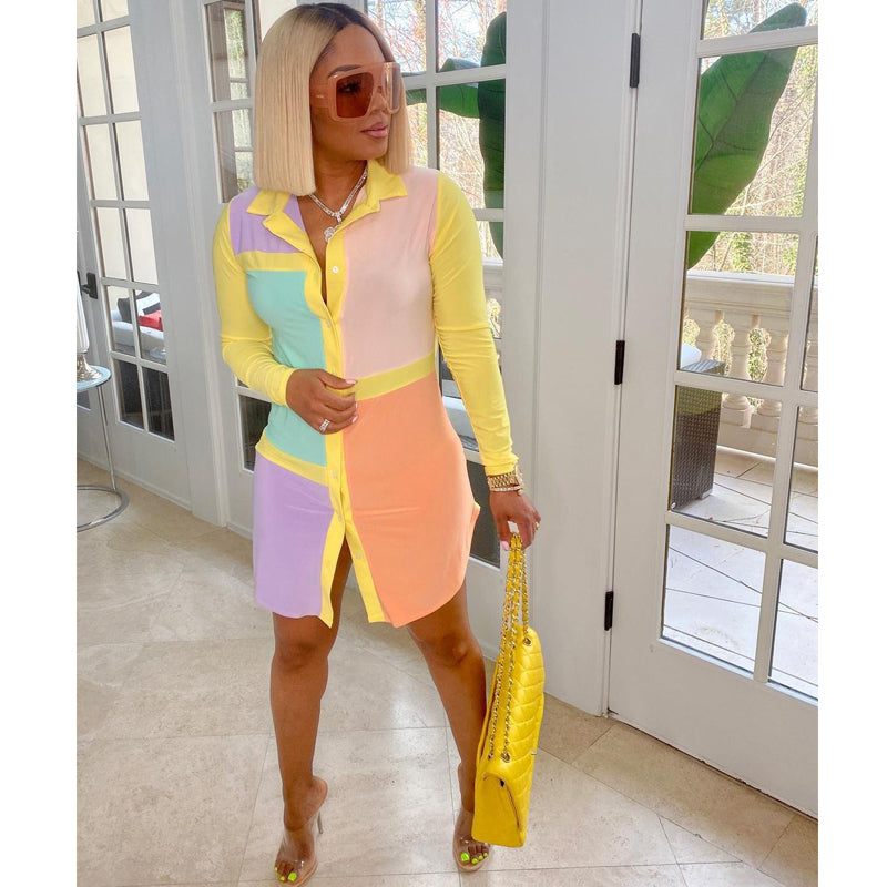 Stylish Long Sleeve Color Block Print Shirt Dress for Women - Casual Office Wear & Spring Summer Outfits