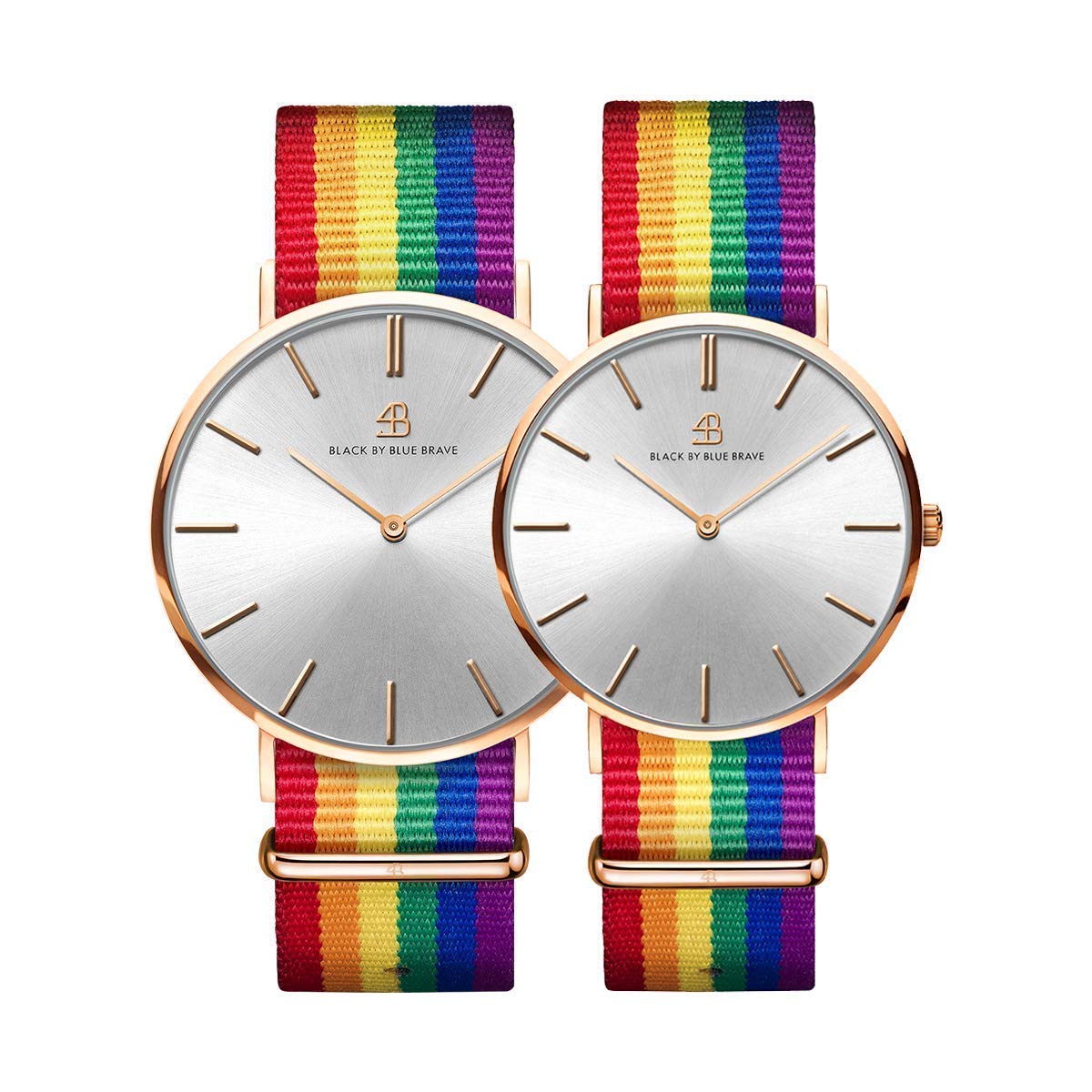 BlackByBlueBrave 2pc Unisex Watch Set for Men & Women - Japanese Quartz Analog Minimalist Watch with Rainbow Nylon Strap (36MM & 40MM) - Perfect for Couples, Gifts & Everyday Fashion