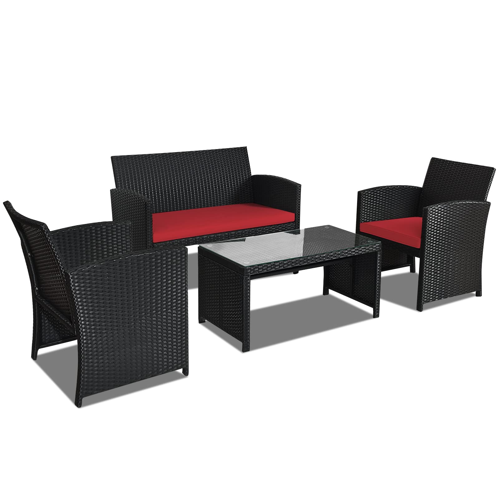 Goplus 4-Piece Rattan Patio Furniture Set - Outdoor Wicker Conversation Sofa with Cushions & Tempered Glass Coffee Table - Weather-Resistant Garden, Balcony, Backyard Furniture (Red) - Perfect for Outdoor Entertaining, Lounging, and Relaxation