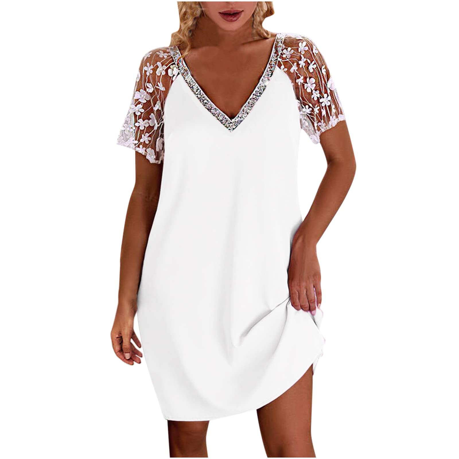 Women's Solid Color Casual Short Sleeve Lace Summer Dress - Knee Length Flowy Dress for Beach, Party & Everyday Wear