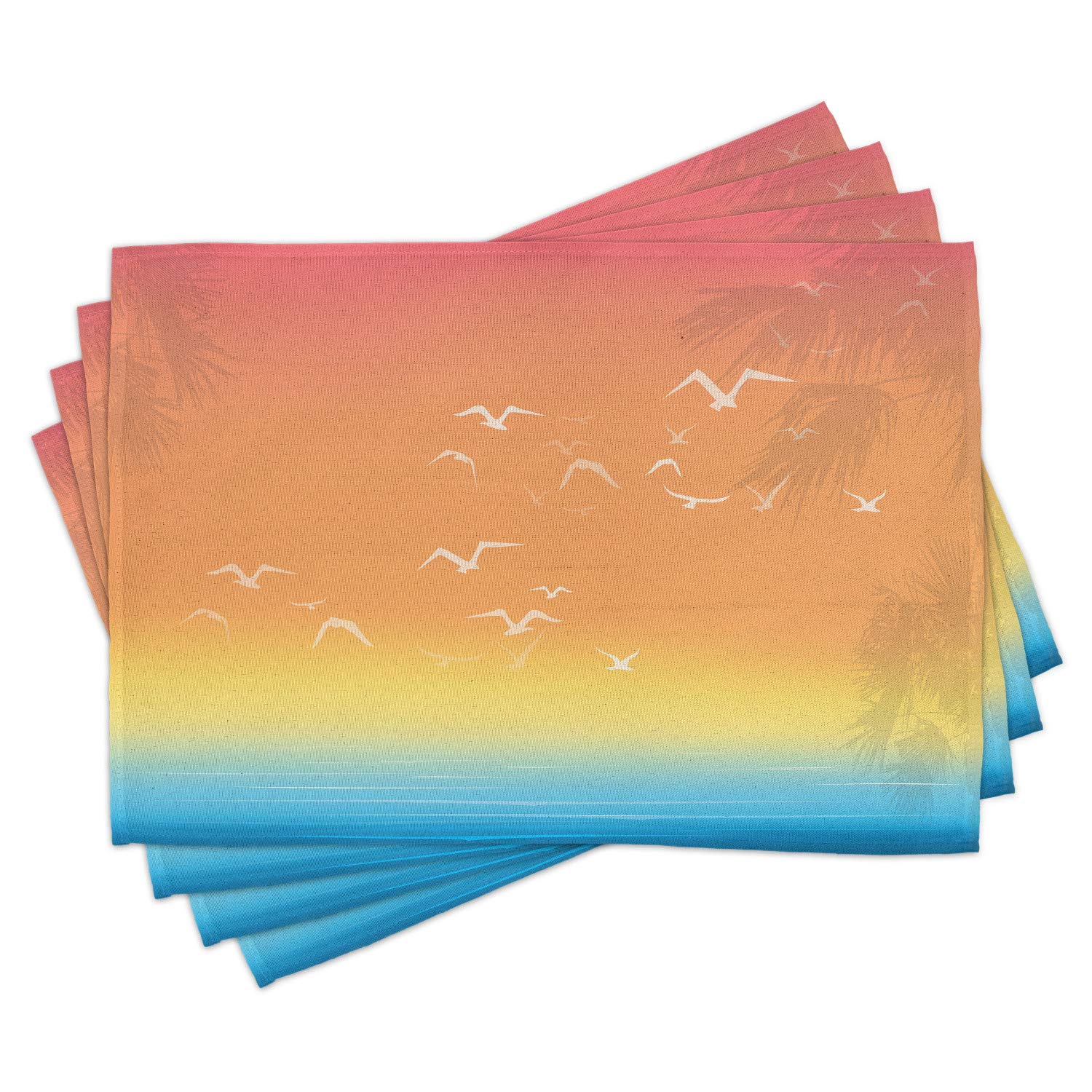 Ambesonne Seagulls Place Mats Set of 4 - Tropical Island Sunset Print with Palm Trees & Flying Birds - Washable Fabric Placemats for Dining Table & Kitchen Decor - Perfect for Beach House, Coastal Theme & Summer Entertaining