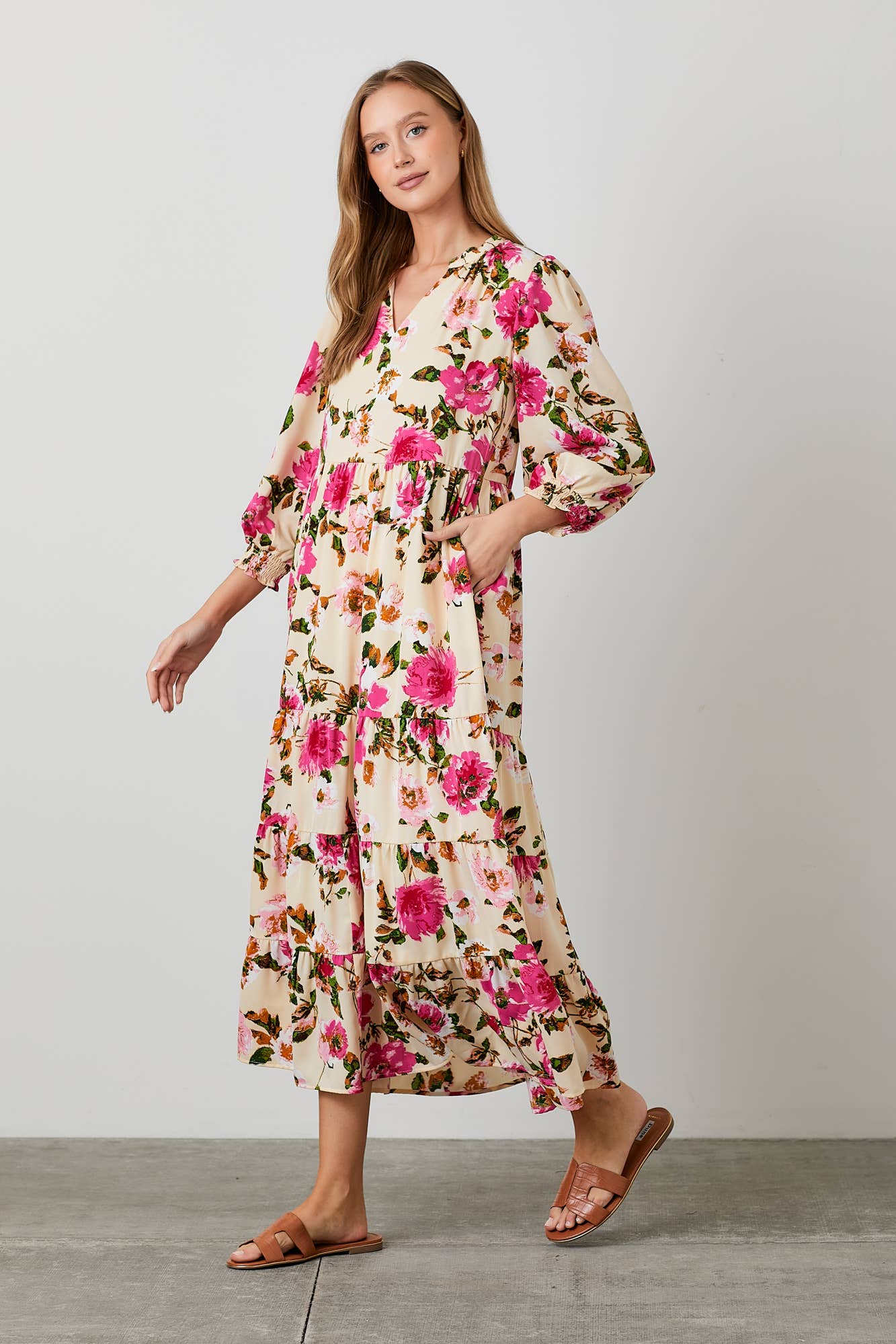 Floral Print Tiered Maxi Dress for Women - Peach Multi S Boho Summer Beach Dress, Perfect for Vacations, Weddings & Outdoor Parties