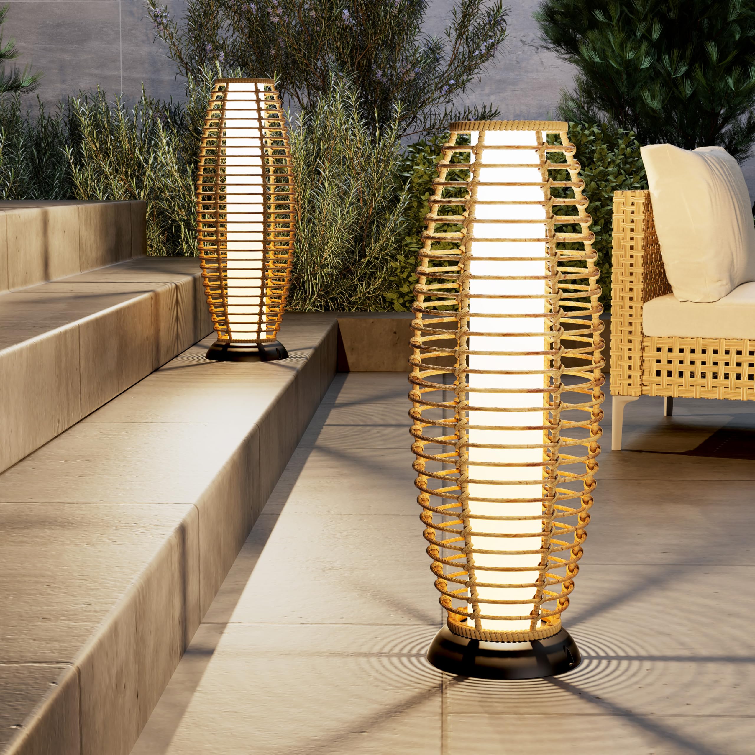 2-Pack Solar Powered Outdoor Floor Lamps - Weather-Resistant Wicker Patio Lights for Garden, Deck & Backyard - Large Solar Lanterns in Austin Natural Brown - Perfect for Evening Gatherings & Landscape Lighting