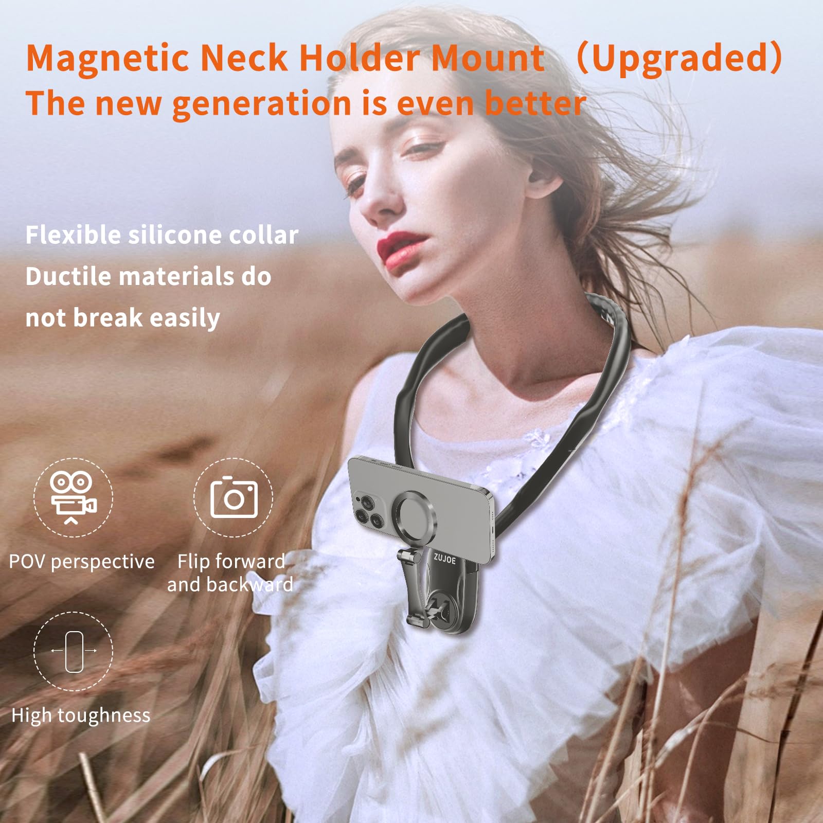 Magnetic Phone Neck Mount Holder for iPhone 15 14 13 12 Series - 2 in 1 Hands-Free POV/Vlog Accessory (Black) | Perfect for Travel, Gym Workouts & Content Creation