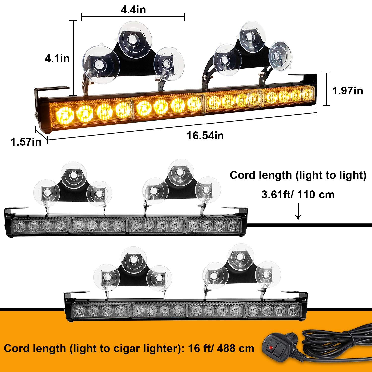 2 in 1 32 Inch Emergency Strobe Light Bar - Amber LED Warning Lights with Directional Flash & Traffic Advisor for Trucks, Cars, and Emergency Vehicles - Easy Interior Installation with Cigar Lighter Wiring Kit - Perfect for Roadside Safety, Construction Zones, and Hazard Warning Scenarios