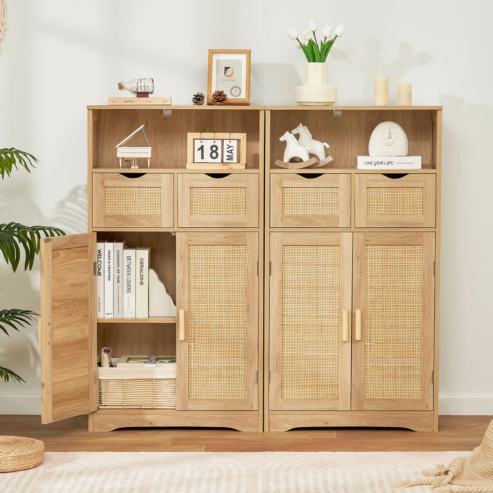 Iwell 2-Door Rattan Storage Cabinet with 2 Drawers & Adjustable Shelves - Kitchen Pantry Organizer, Living Room Cupboard, Home Office Furniture - Perfect for Small Space Organization & Home Decor