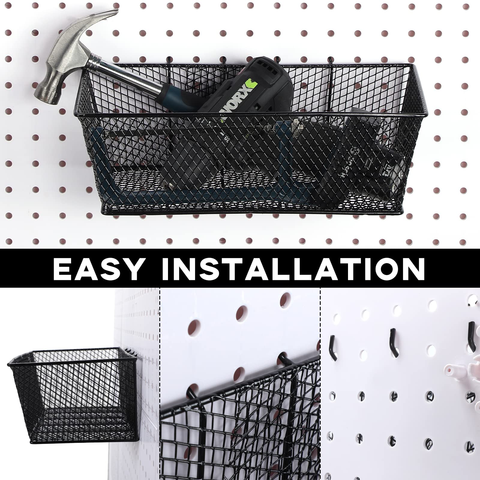 Sieral 6-Piece Pegboard Baskets Set - Wall Mount Organizer for Tools & Crafts (Black) - Perfect for Garage & Workshop Storage