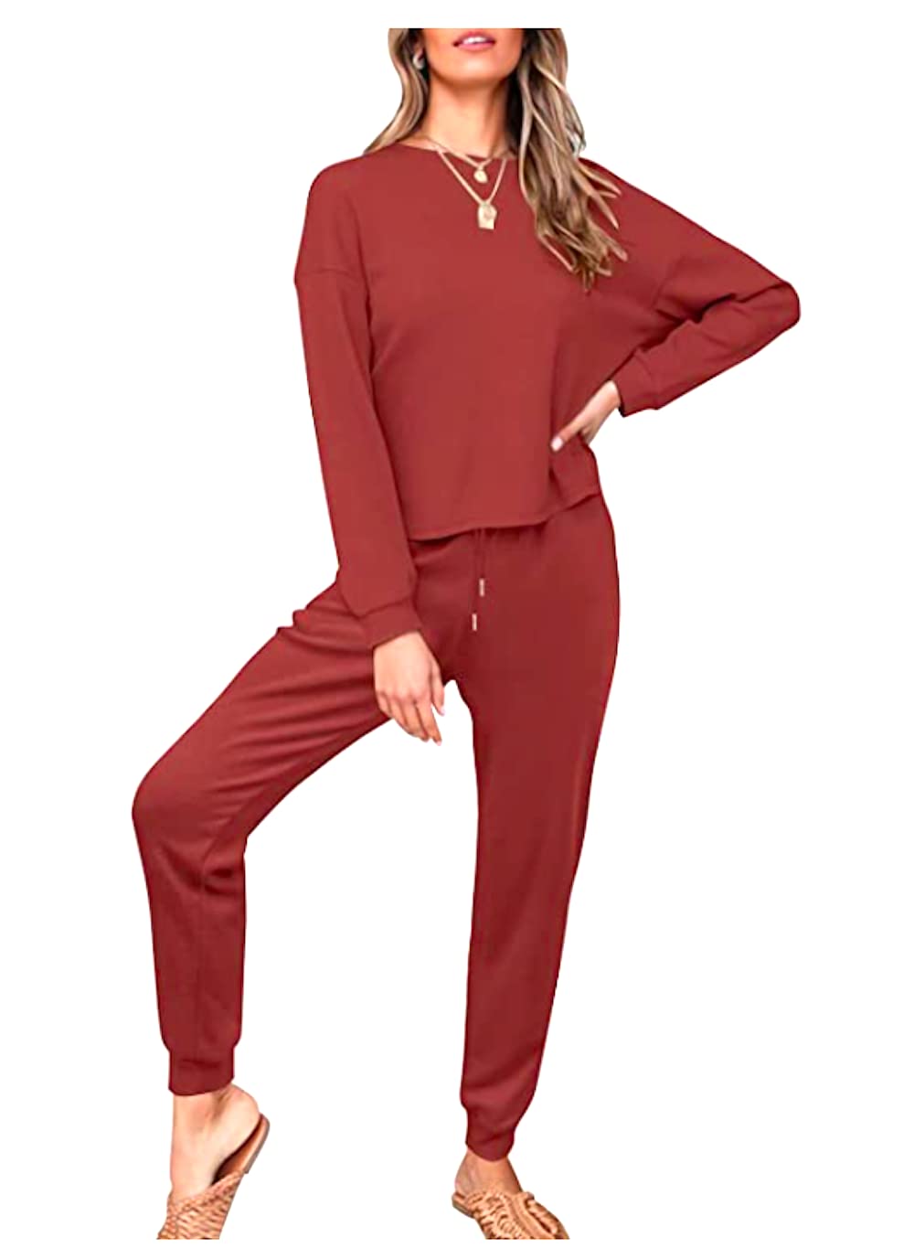 Women's Waffle Knit 2-Piece Loungewear Set - Soft Long Sleeve Pullover Top & Pants Pajama Outfit | Cozy Sleepwear for Home, Lounge & Casual Wear