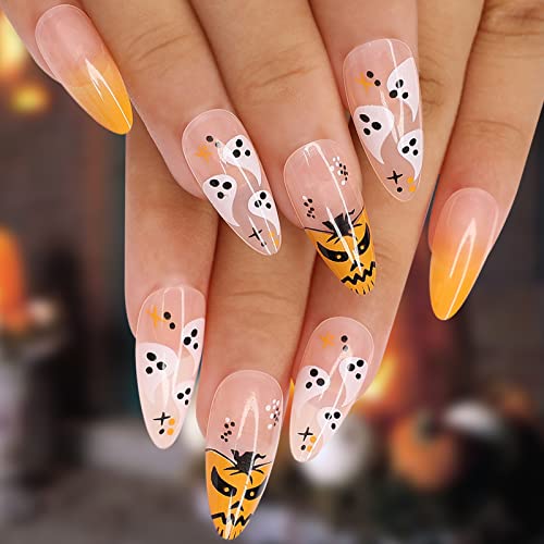Kikmoya Halloween Press on Nails - 24pcs Almond Pink Fake Nails with Pumpkin Ghost Design, Medium Length Acrylic Stick on Nails for Women | Perfect for Halloween Parties, Costume Events & Spooky Nail Art (Pink Ghost Stiletto)