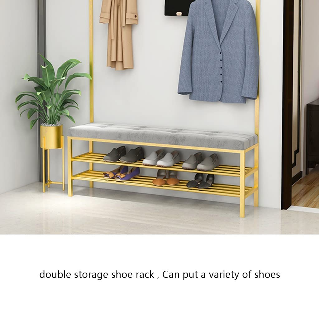 3-in-1 Hall Tree Coat Rack with Shoe Bench & Storage Shelf - Wrought Iron Entryway Organizer with Hooks (Gold, 120x30x175cm) - Perfect for Small Spaces, Apartments & Mudroom Organization - Easy Assembly Home Decor