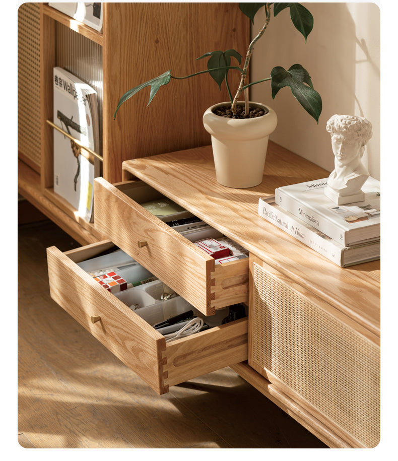 Solid Oak Wood TV Stand with Rattan Doors - Stylish Media Console for Living Room, Bedroom, or Home Theater