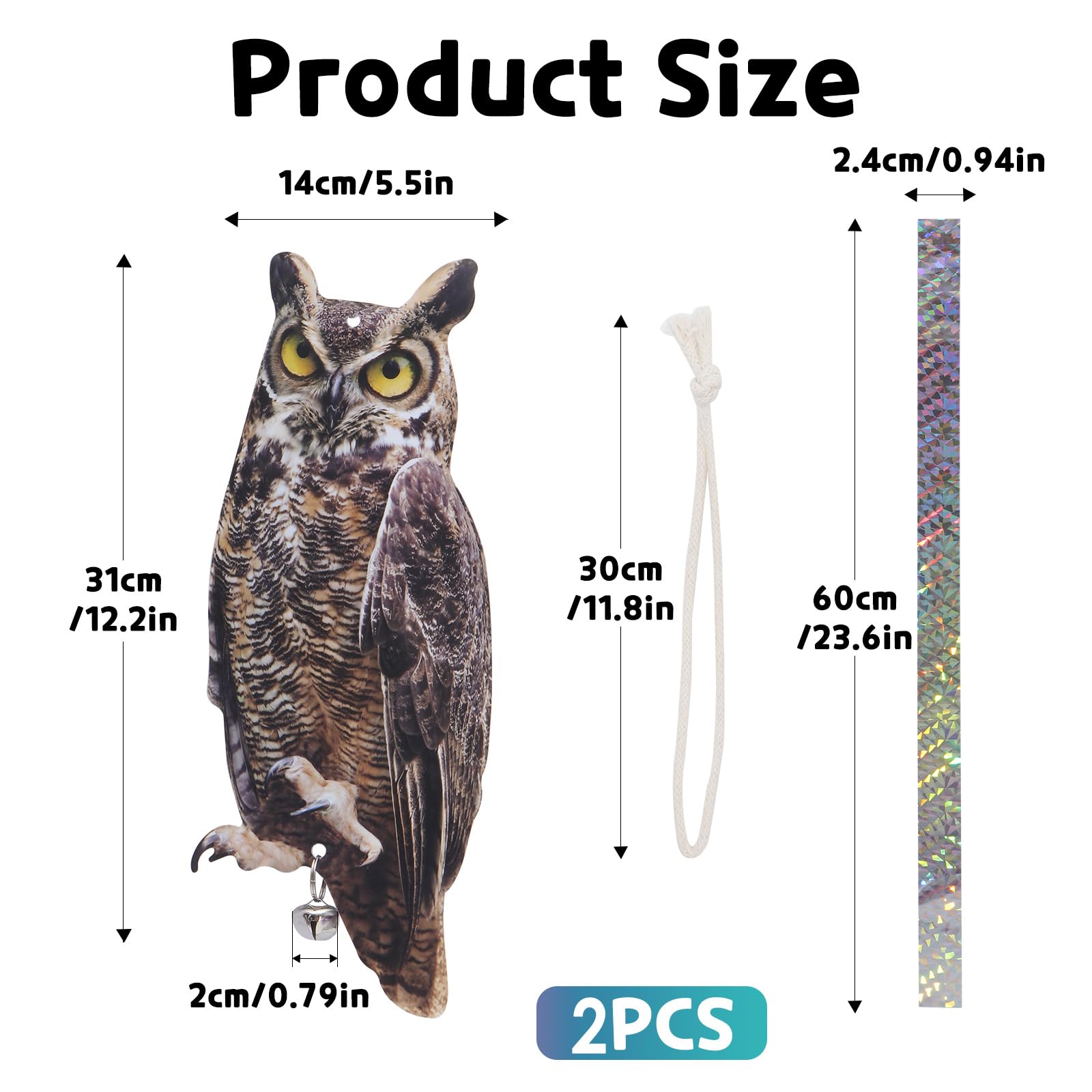 2 Packs Fake Owl Decoy with Reflective Eyes - Scare Away Woodpeckers, Birds & Pests - Outdoor Garden, Yard & Window Protection - Ideal for Home, Farm & Patio Use