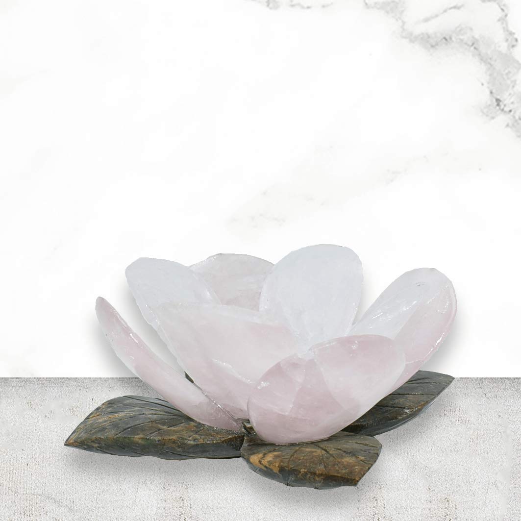 Rose Quartz Lotus Flower Votive Candle Holder - 6.5 Inch Large Tealight Candle Holder for Meditation, Yoga, Spa & Home Decor | Natural Stone Decor