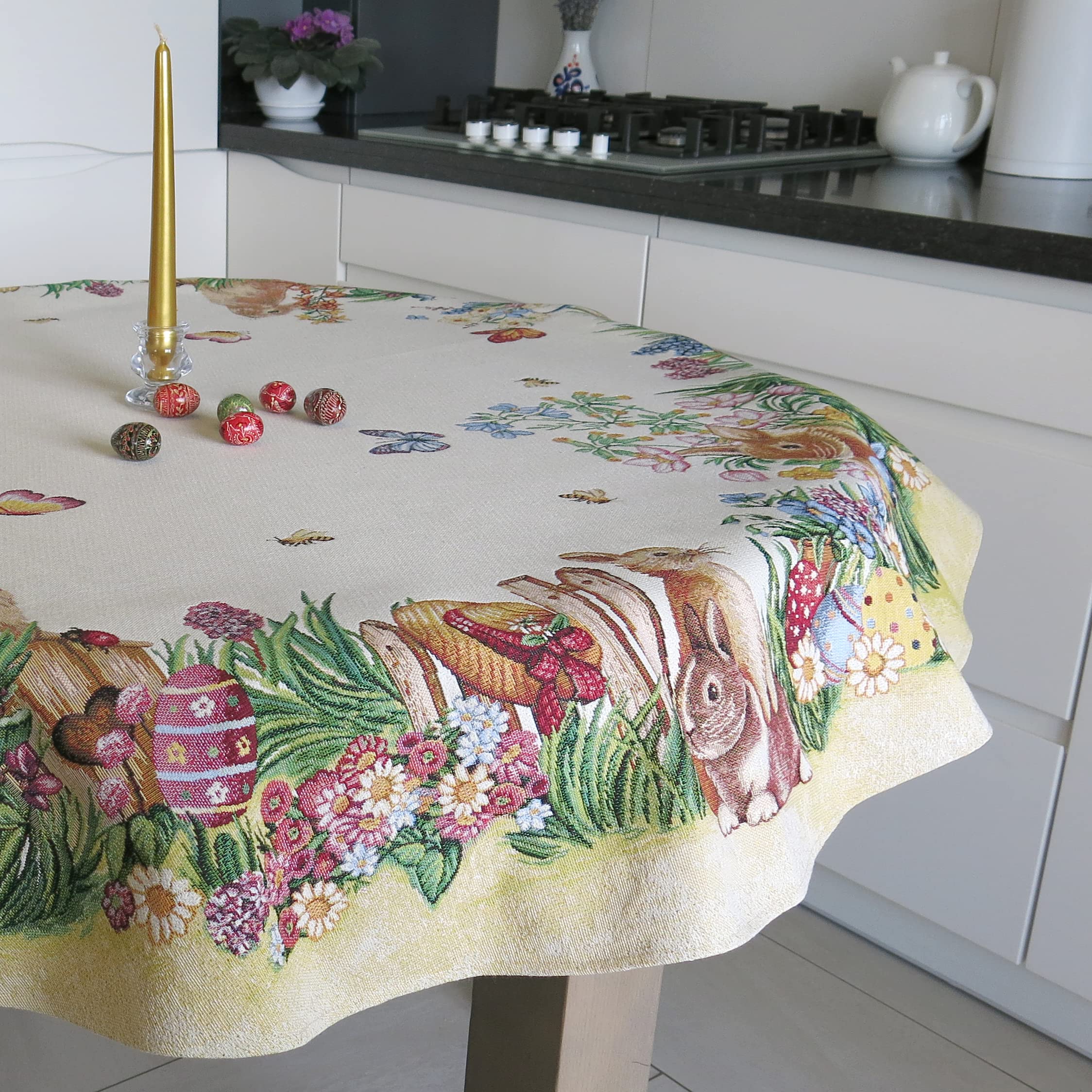 Easter Round Tablecloth 54 Inch - Floral Bunny Egg Design Fabric Table Cover for Holiday Dining, Party Decor, Spring Celebration