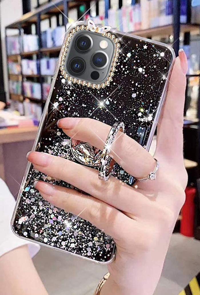 Lozeguyc iPhone 13 Case for Women - Luxury Fashion Glitter Phone Cover with Ring Stand, Cute Butterfly Design, Sparkle Girly Case for iPhone 13 6.1