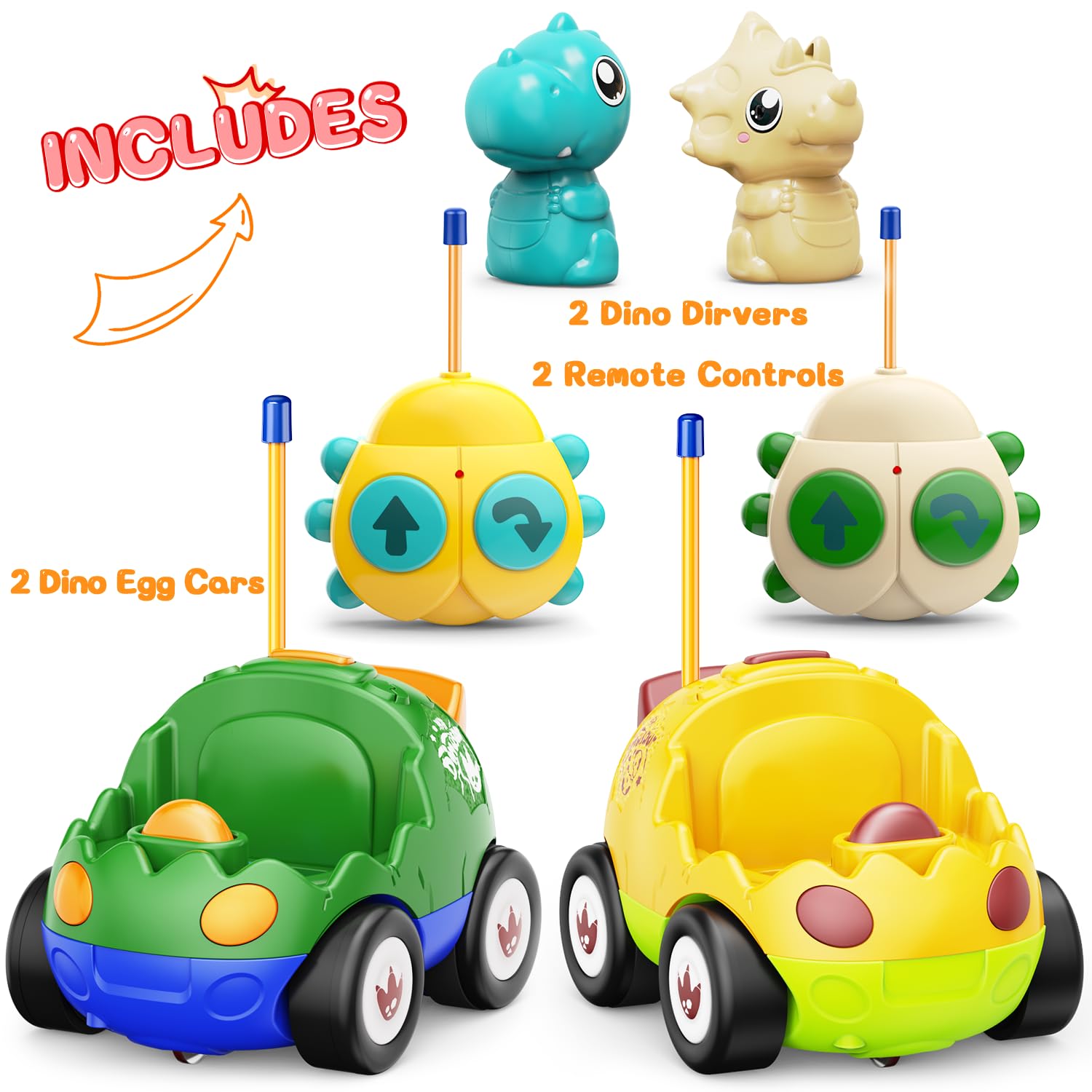 2 Pack Remote Control Dinosaur Toy Cars for Kids Ages 2-6 - RC Cars with Music, Lights & Sound Effects | Birthday Gift for Boys & Girls (Yellow & Green) | Indoor Play, Outdoor Adventure & STEM Learning Toys